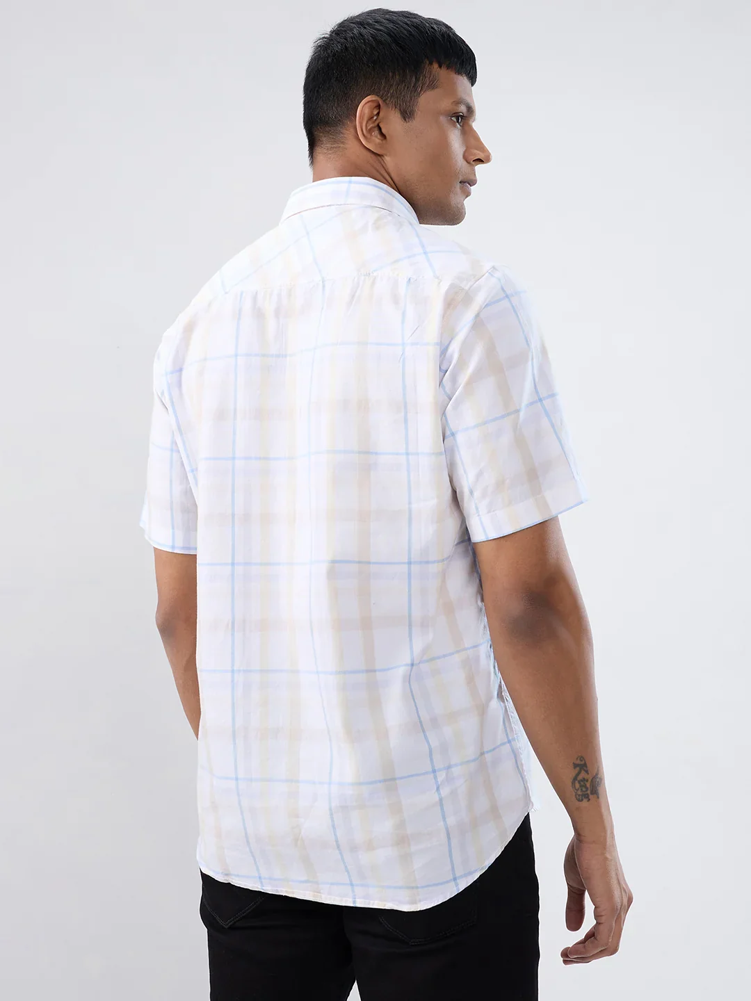 Men Shirt Check Beige Regular Fit - Image 6