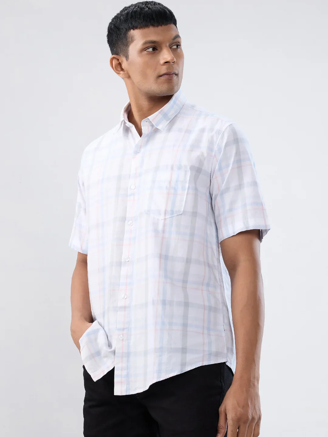 Men Shirt Check Grey Regular Fit - Image 5