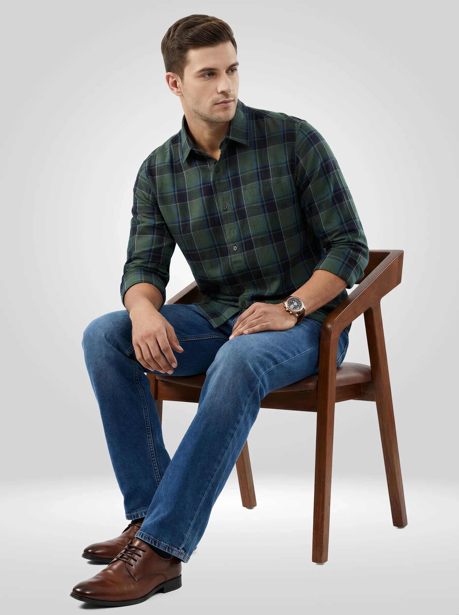 Men Shirt Check Green Regular Fit - Image 2