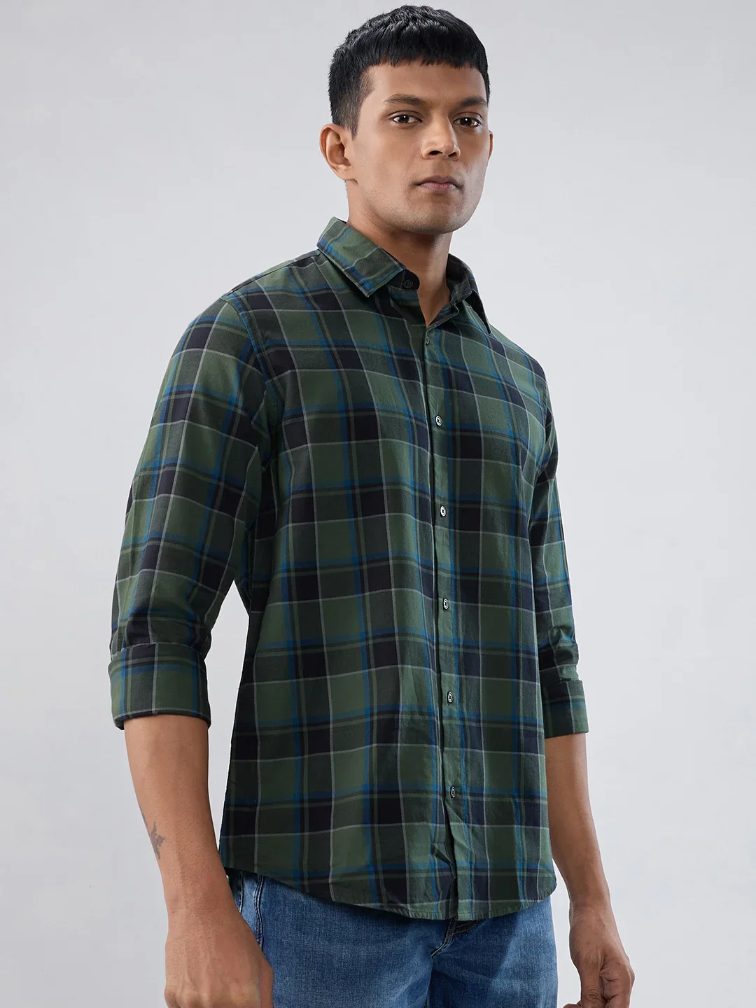 Men Shirt Check Green Regular Fit - Image 3