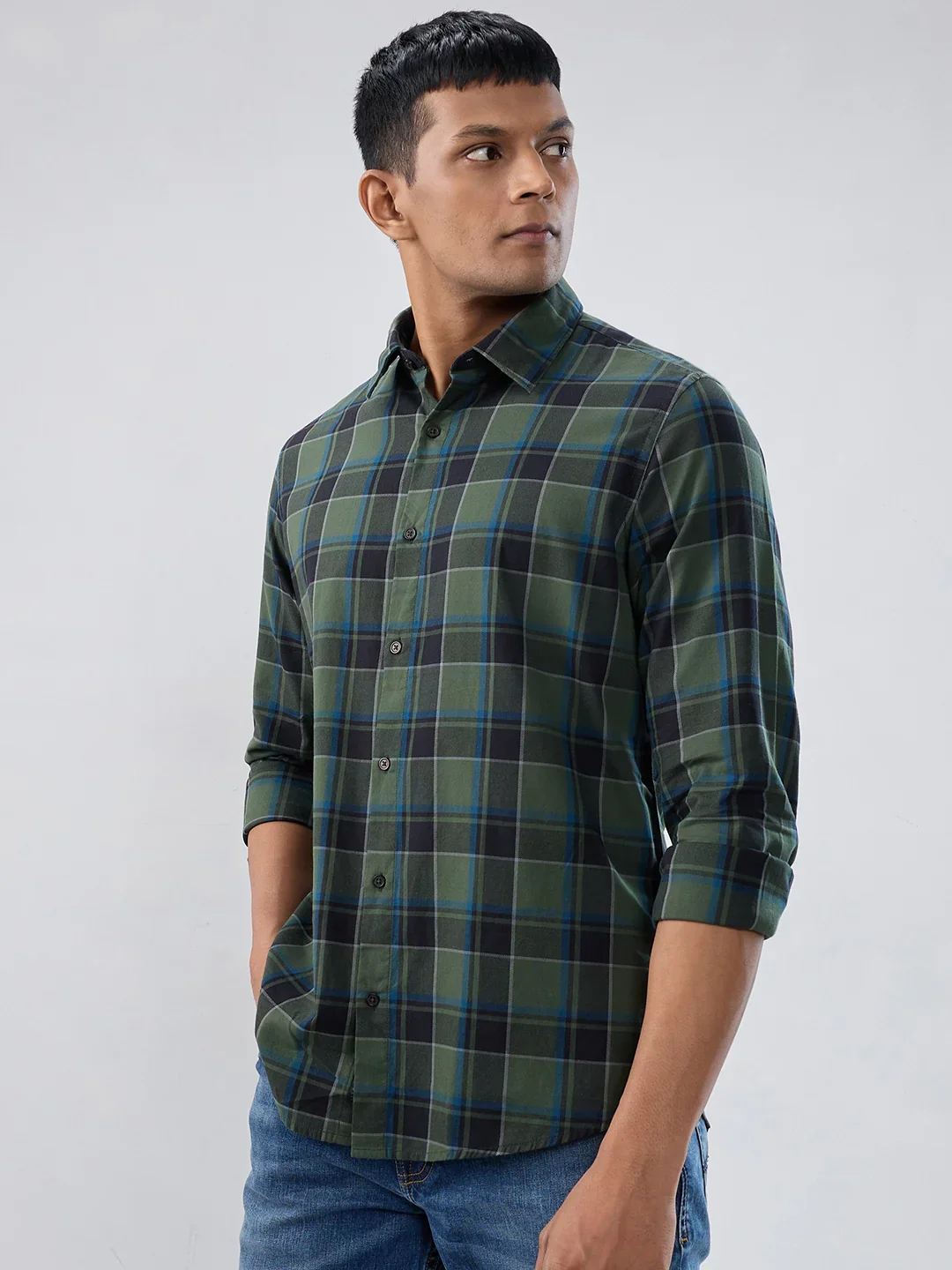 Men Shirt Check Green Regular Fit - Image 5