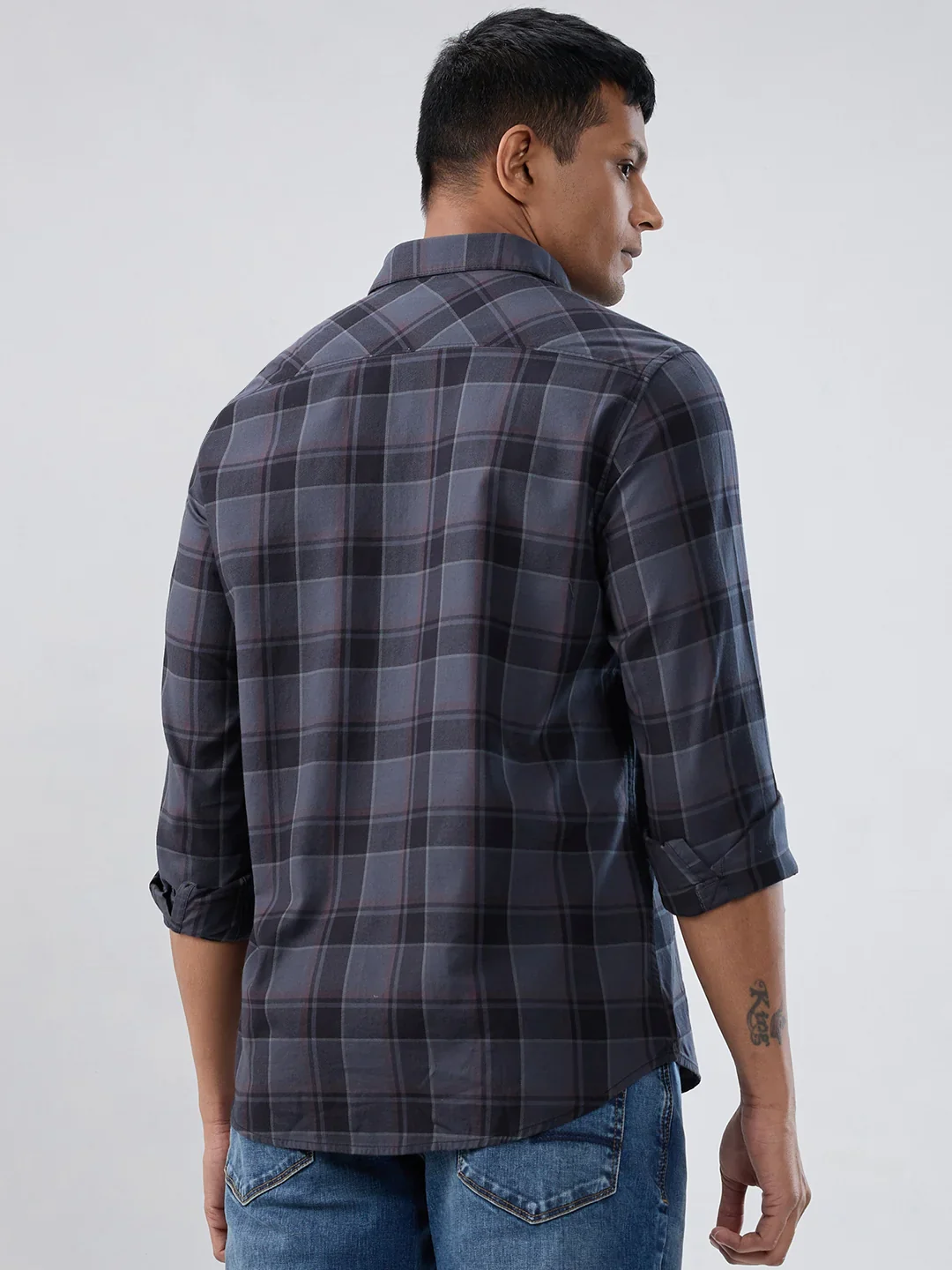 Men Shirt Check Grey Regular Fit - Image 6