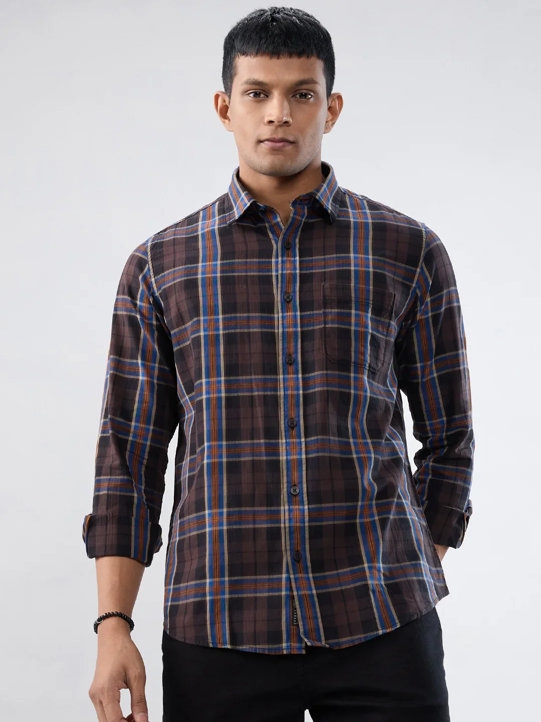 Men Shirt Check Brown Regular Fit