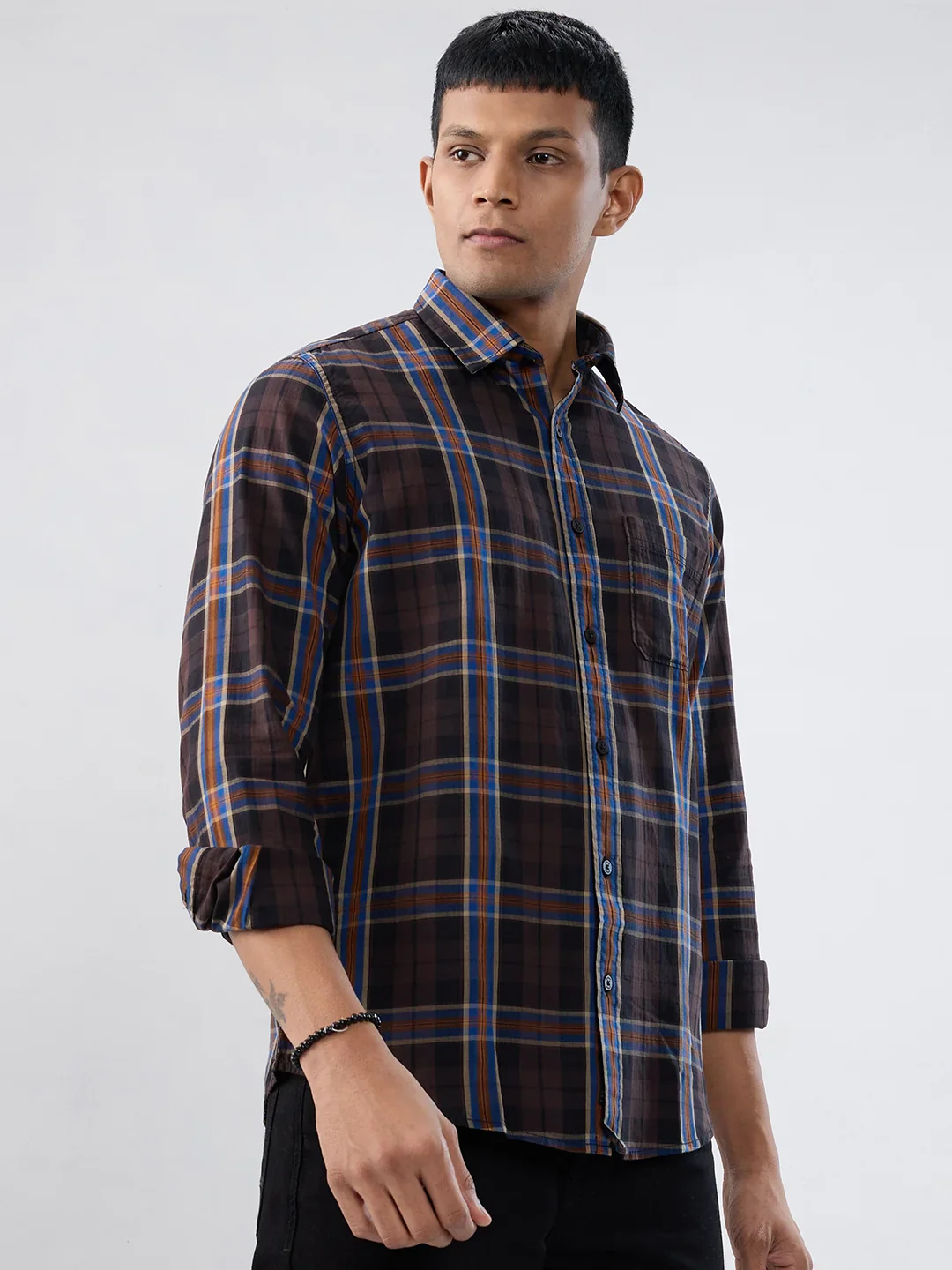 Men Shirt Check Brown Regular Fit - Image 3