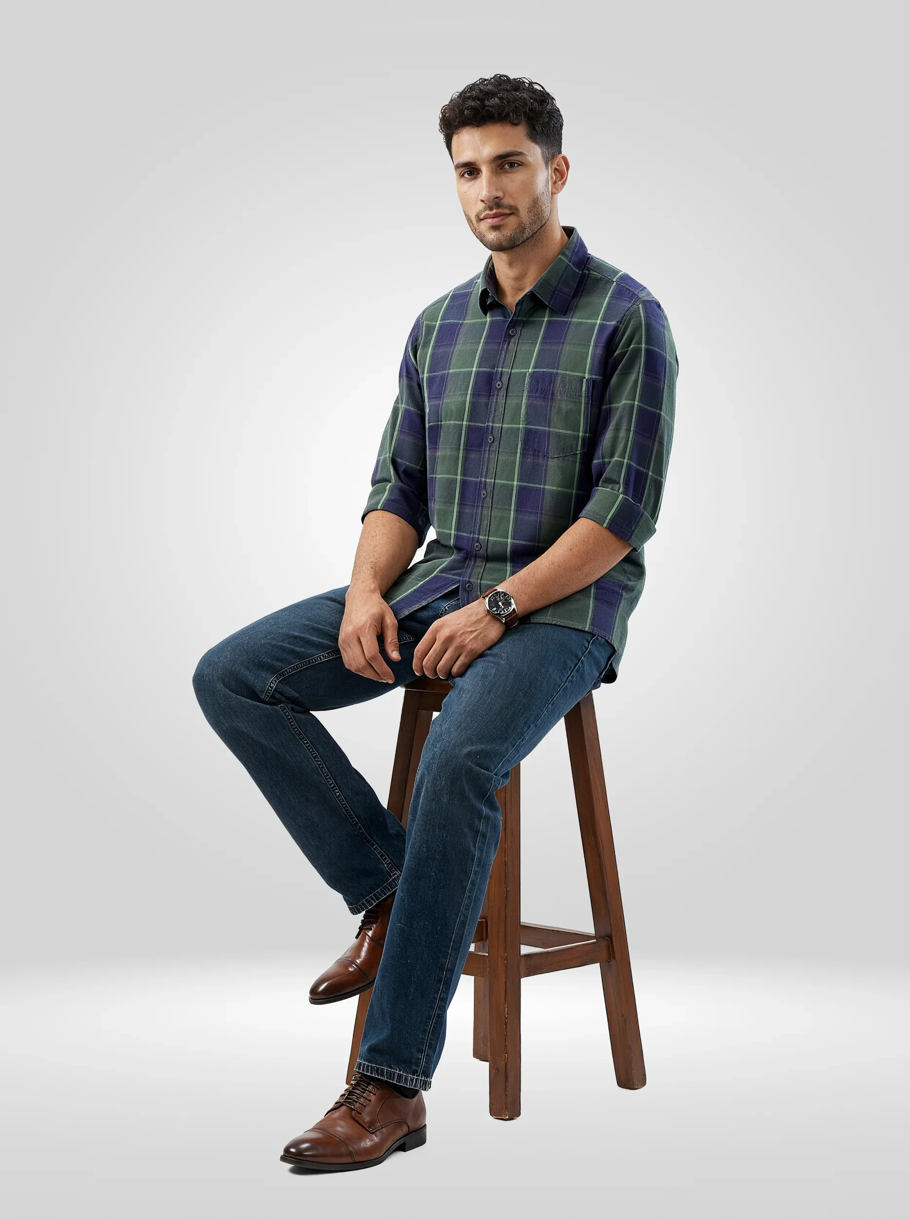 Men Shirt Check Green Regular Fit - Image 2