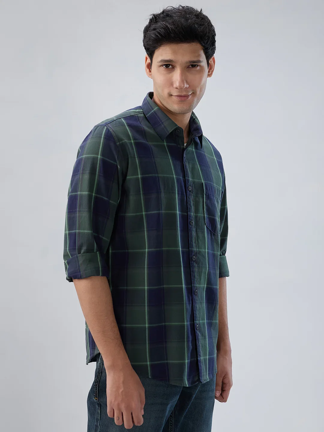 Men Shirt Check Green Regular Fit - Image 3