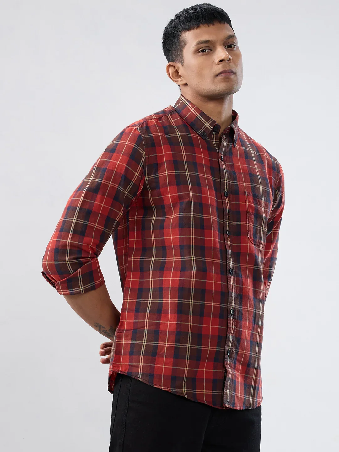 Men Shirt Check Red Regular Fit - Image 3