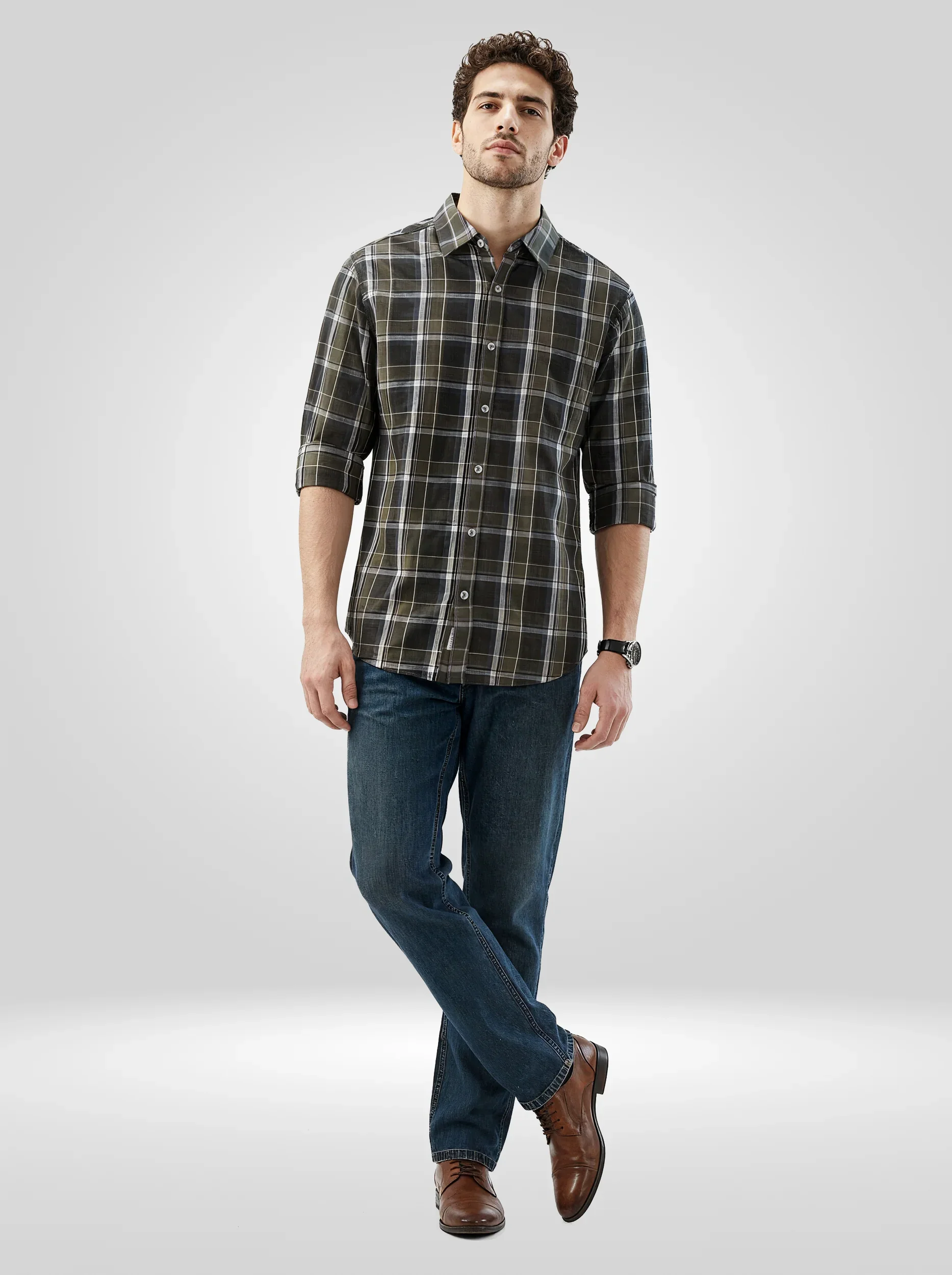 Men Shirt Check Green Regular Fit - Image 2