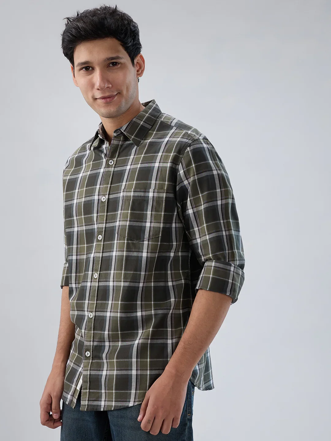 Men Shirt Check Green Regular Fit - Image 5