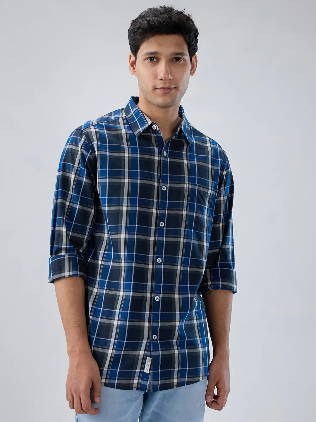 Men Shirt Check Navy Blue Regular Fit