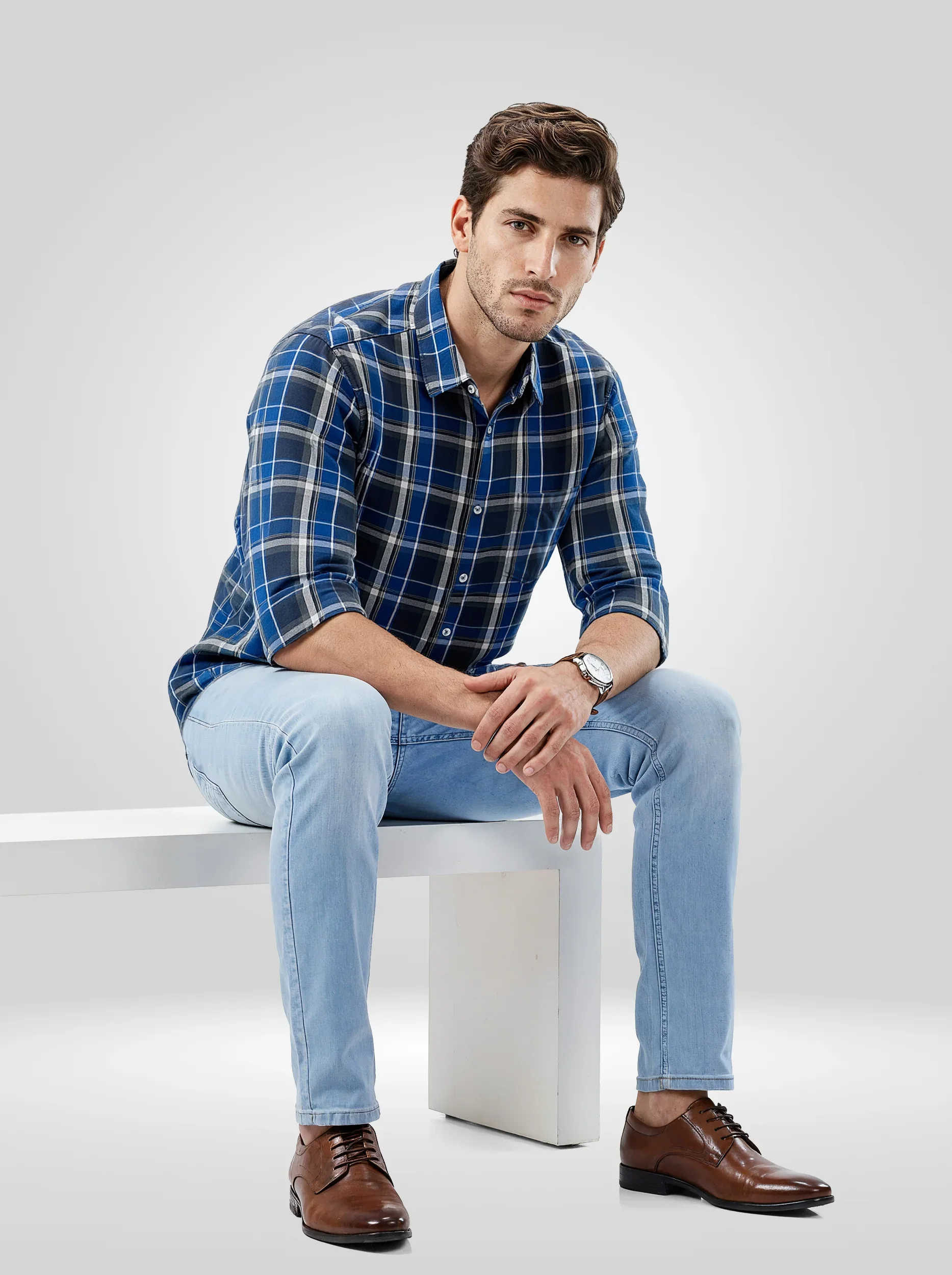 Men Shirt Check Navy Blue Regular Fit - Image 2