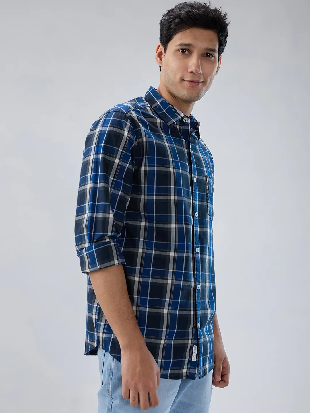 Men Shirt Check Navy Blue Regular Fit - Image 3