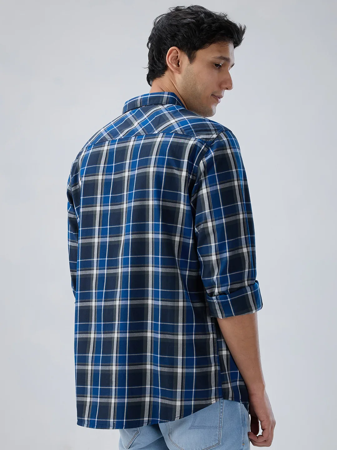 Men Shirt Check Navy Blue Regular Fit - Image 6