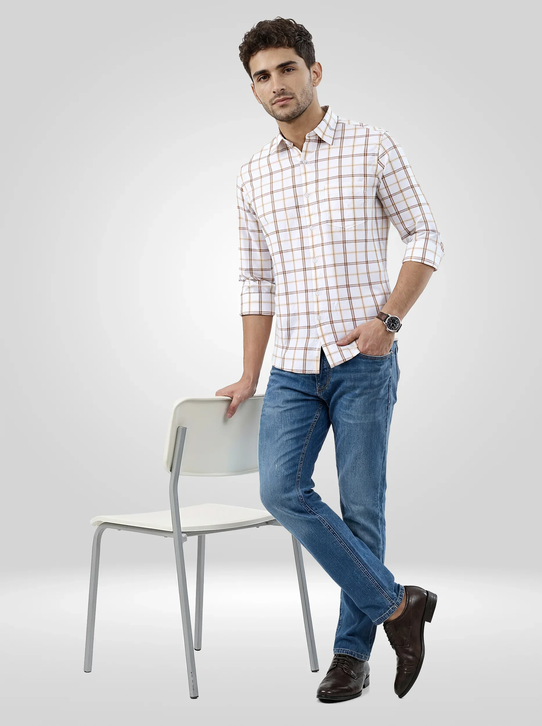 Men Shirt Check Brown Regular Fit - Image 2