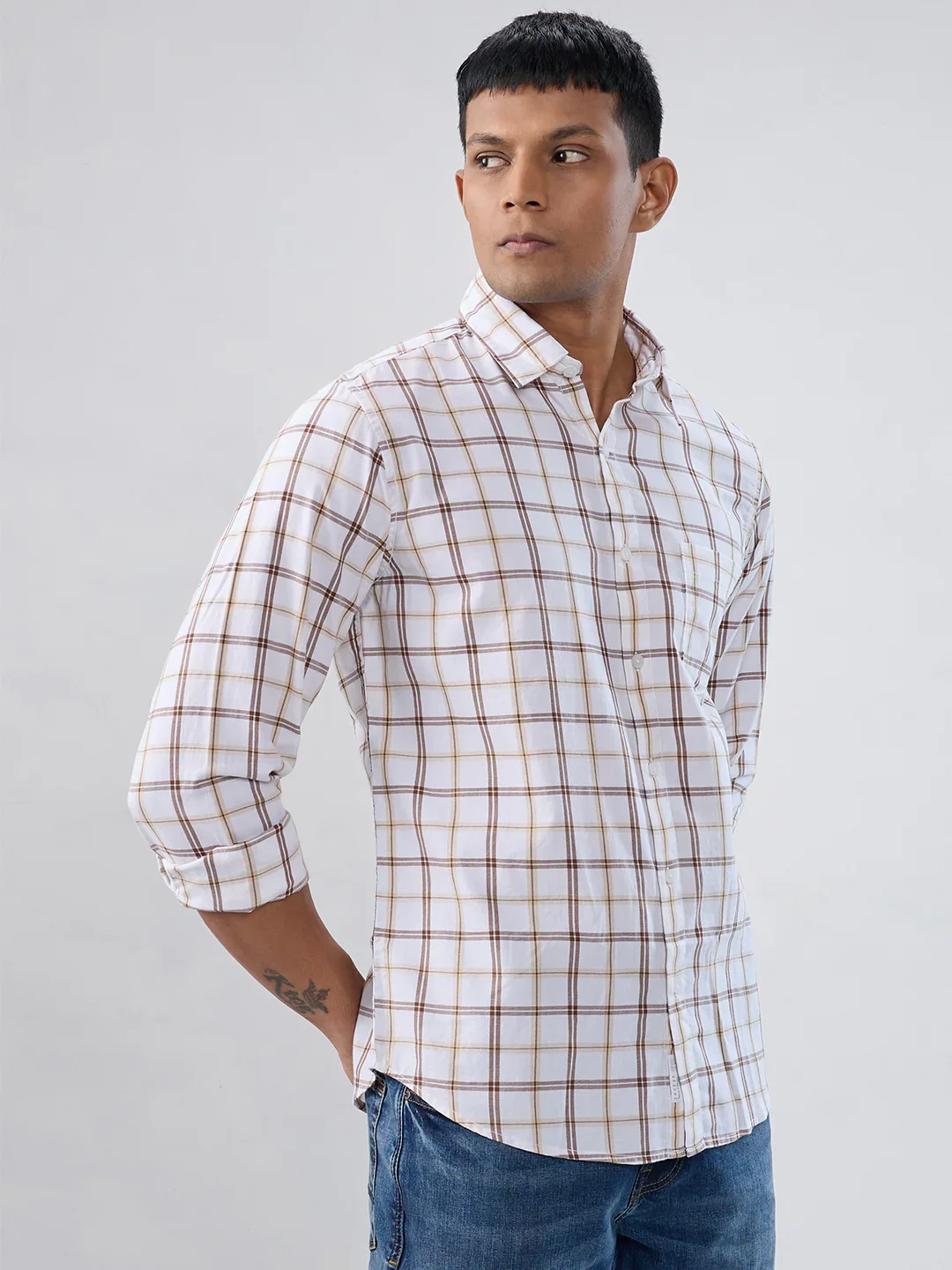 Men Shirt Check Brown Regular Fit - Image 3