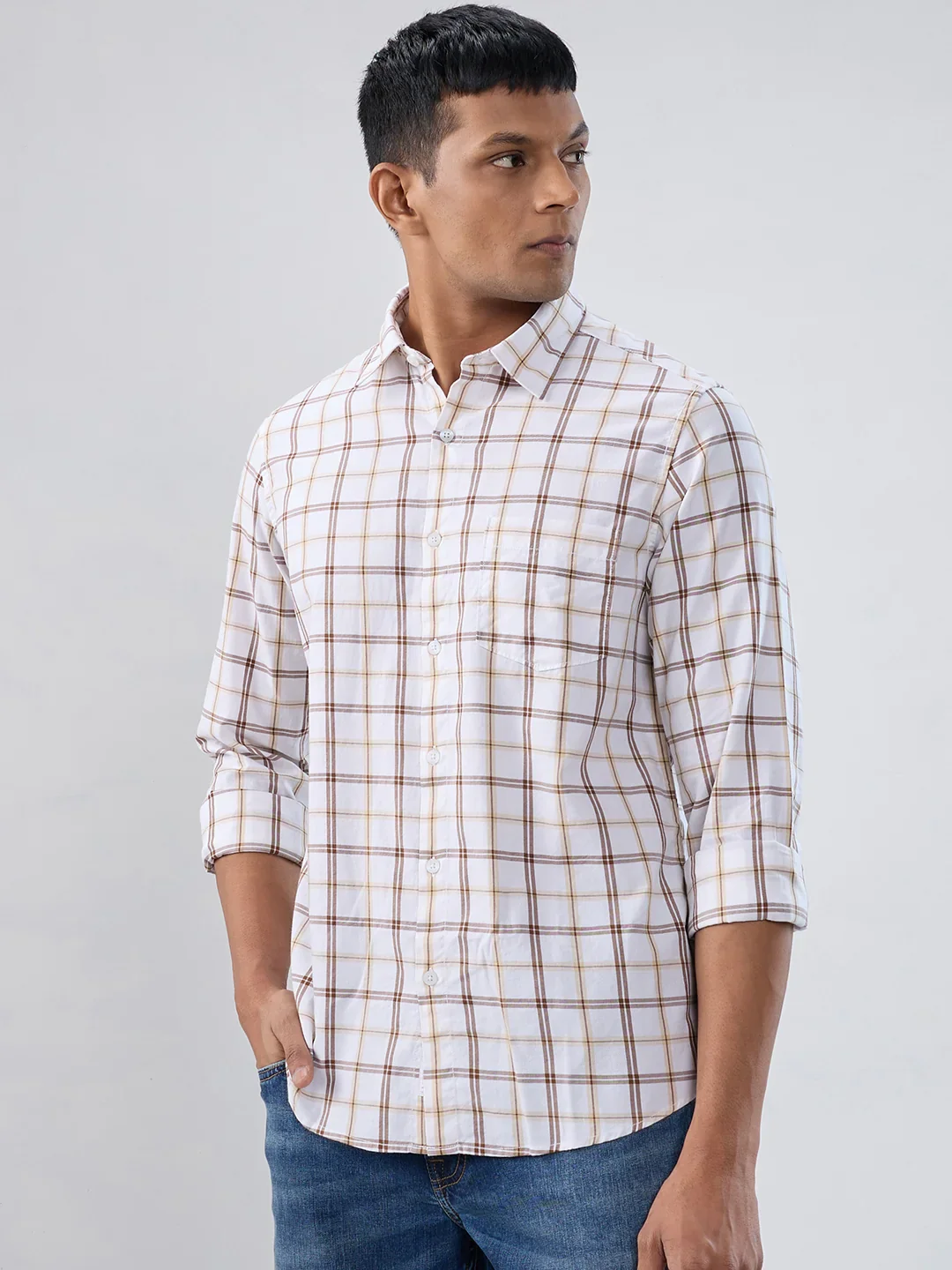 Men Shirt Check Brown Regular Fit - Image 5