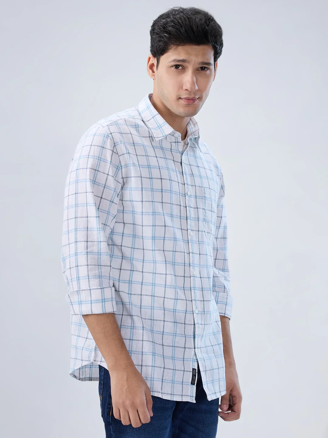 Men Shirt Check Blue Regular Fit - Image 3