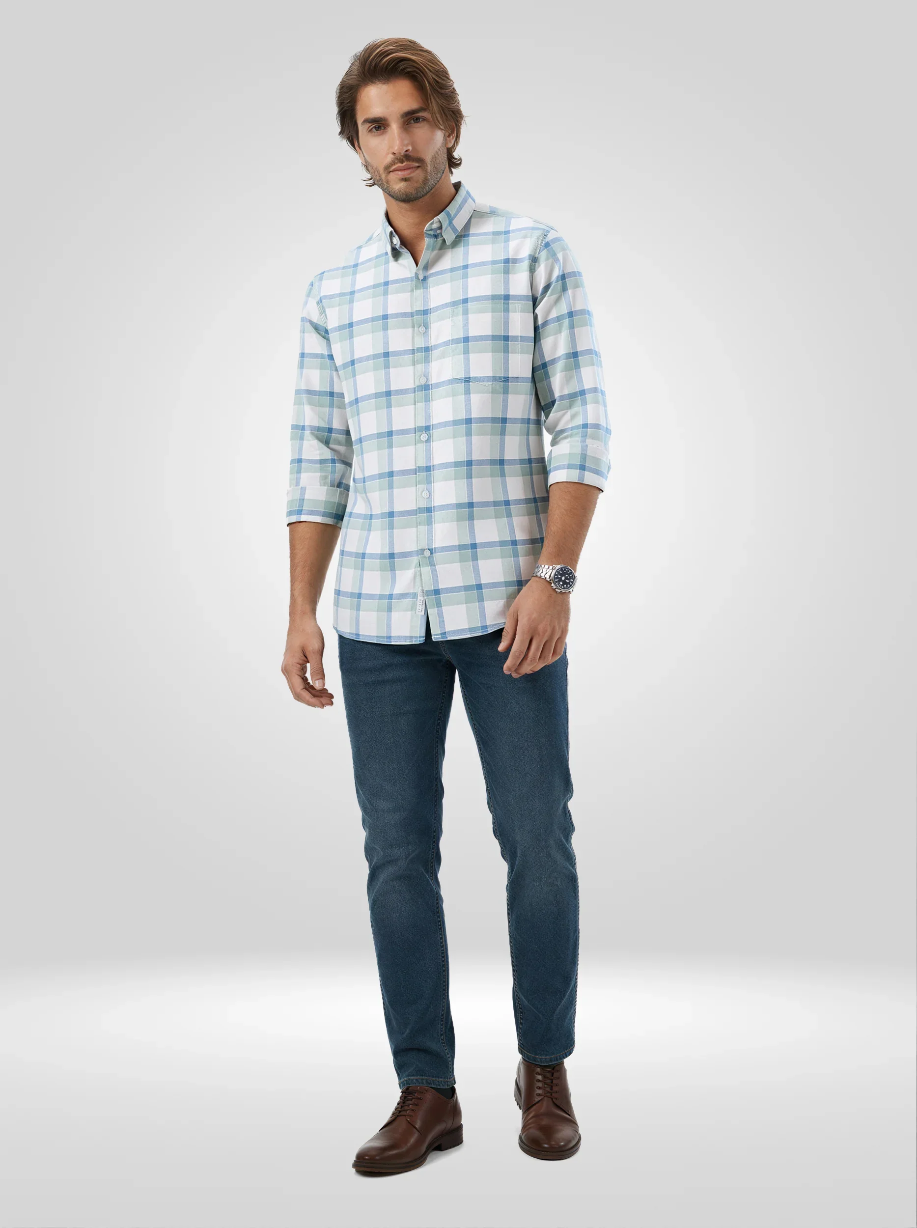 Men Shirt Check Blue Regular Fit - Image 2