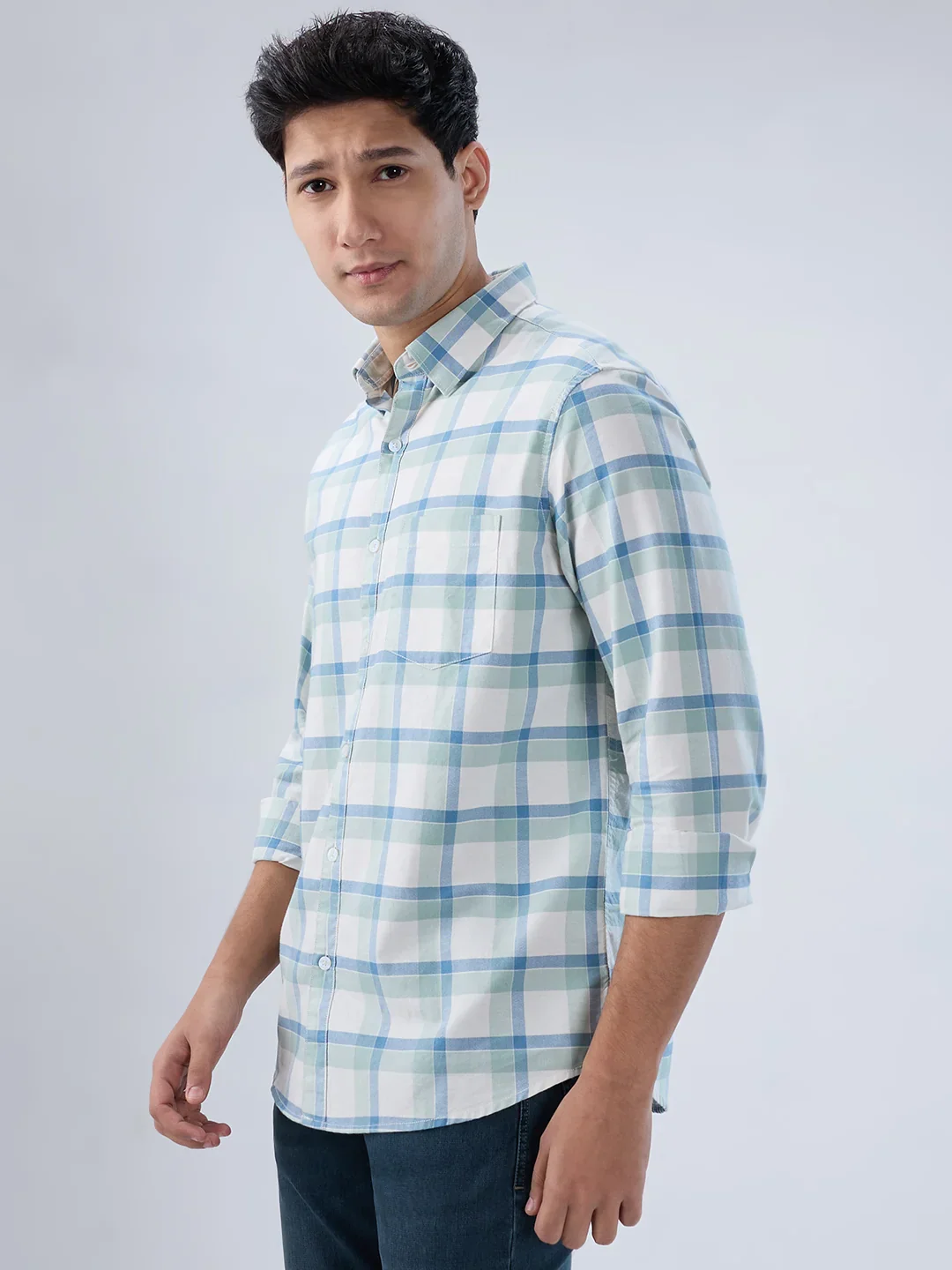 Men Shirt Check Blue Regular Fit - Image 5