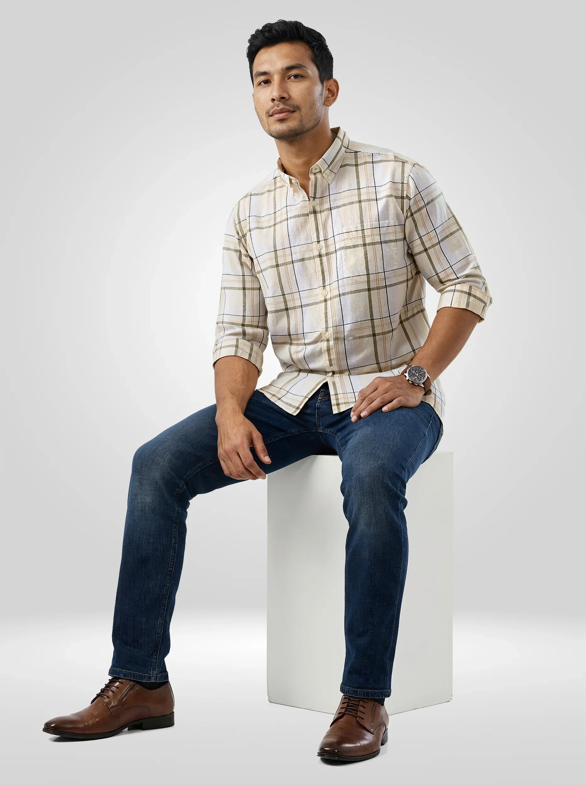 Men Shirt Check Beige Regular Fit - Image 2