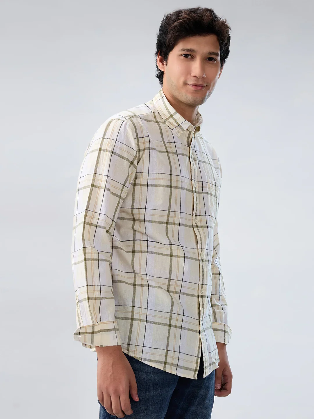 Men Shirt Check Beige Regular Fit - Image 3