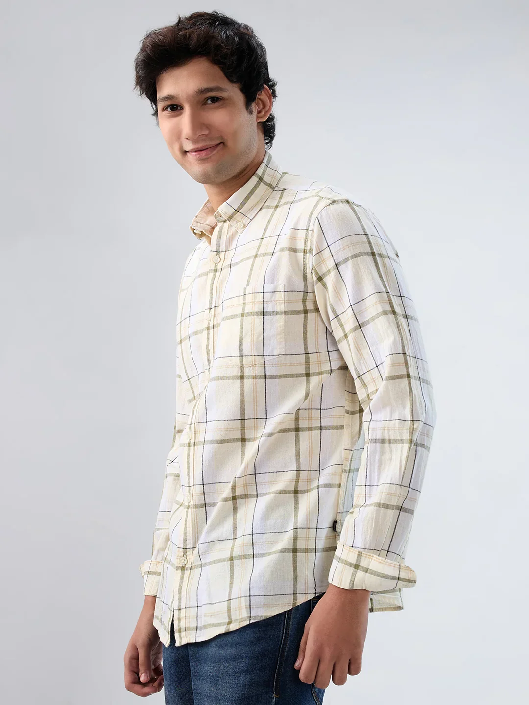 Men Shirt Check Beige Regular Fit - Image 5