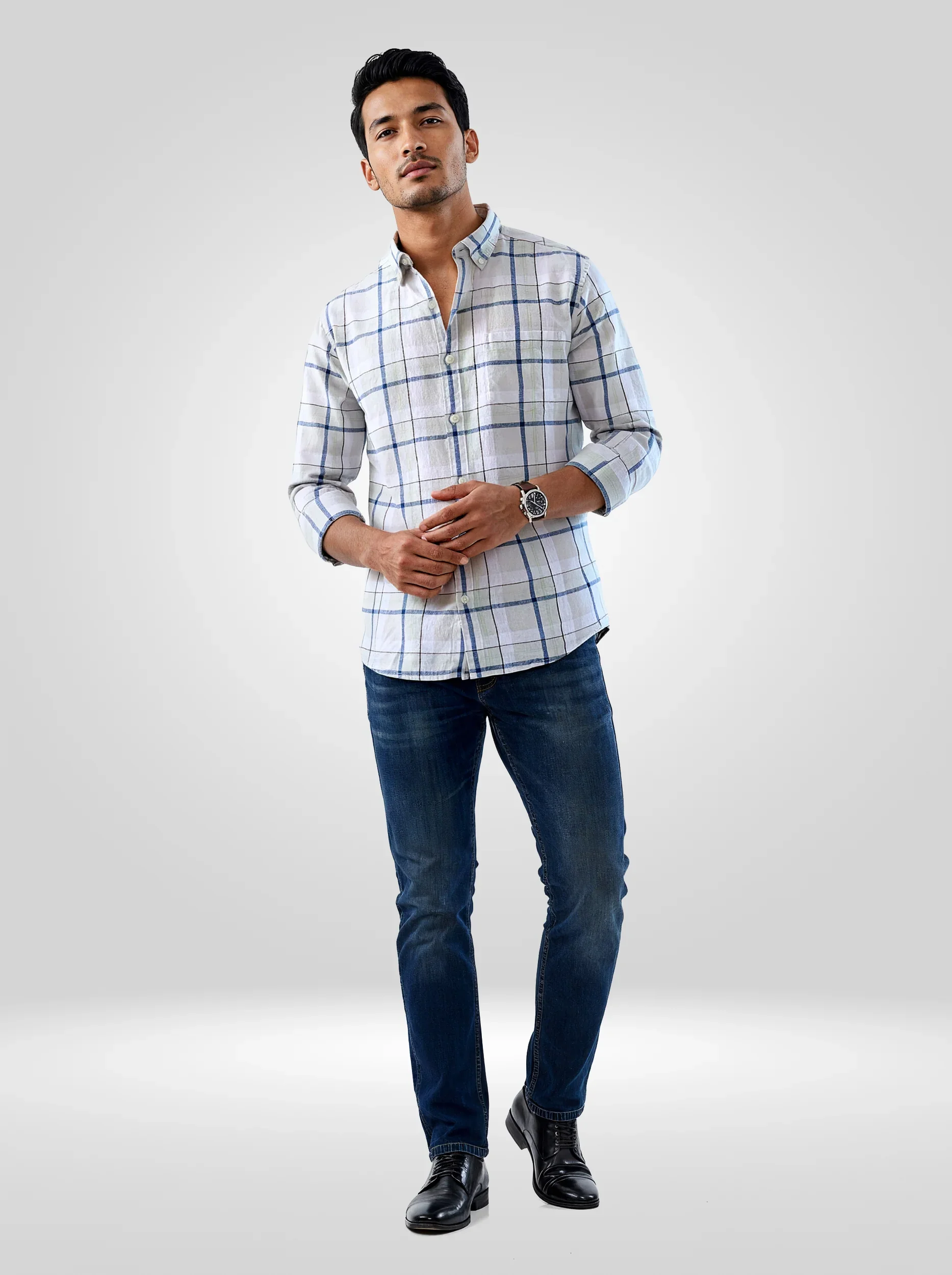 Men Shirt Check Grey Regular Fit - Image 2