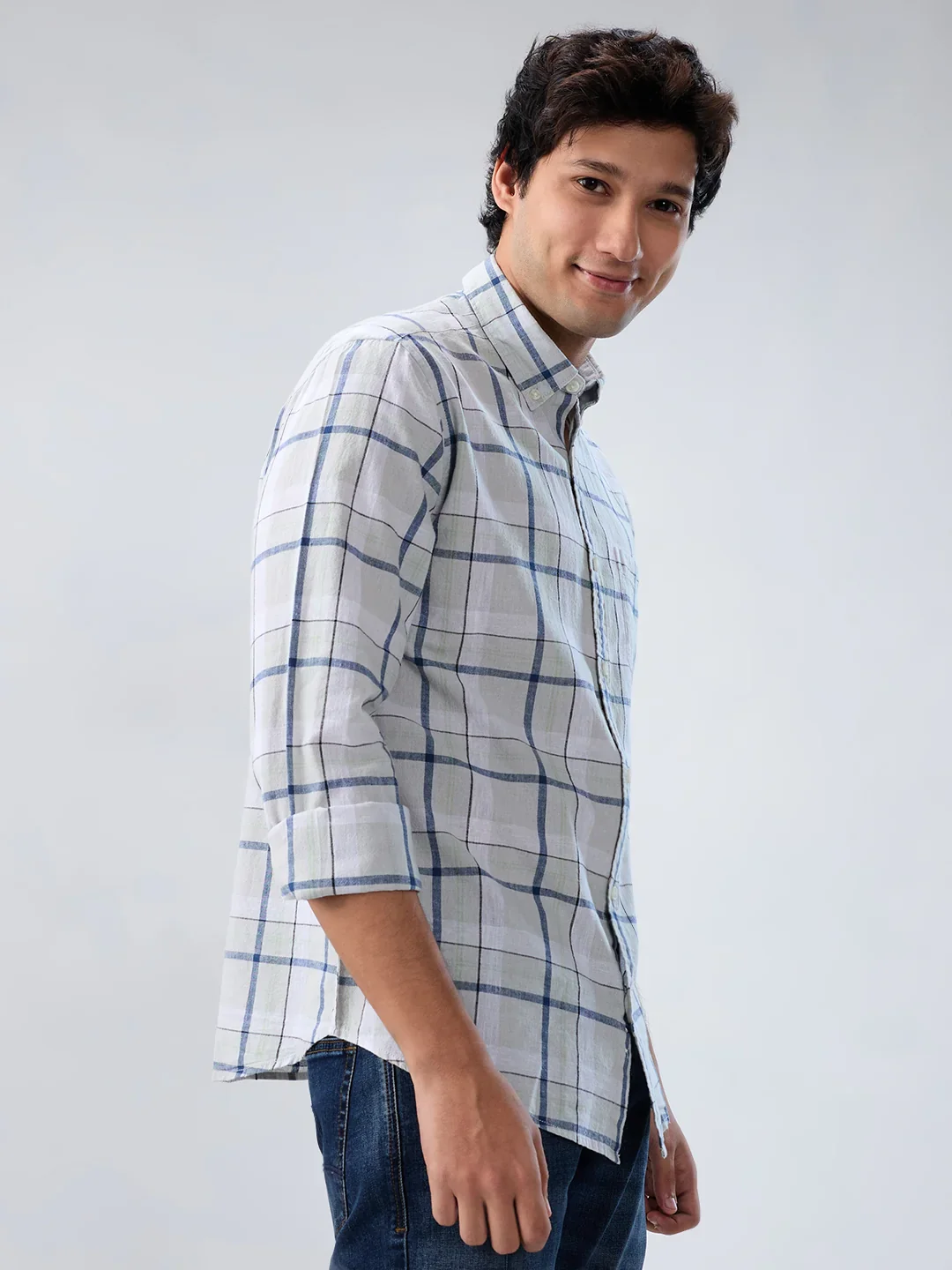 Men Shirt Check Grey Regular Fit - Image 3