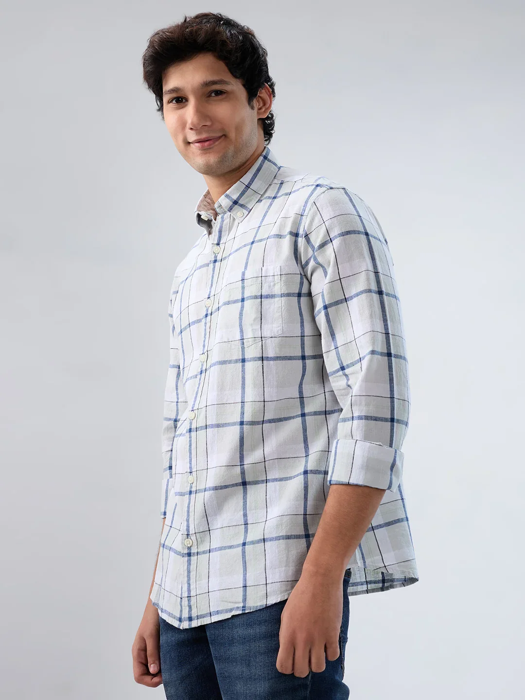 Men Shirt Check Grey Regular Fit - Image 5