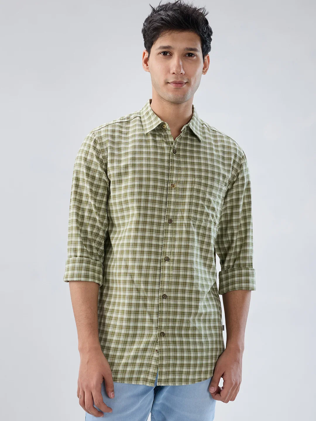 Men Shirt Check Green Regular Fit