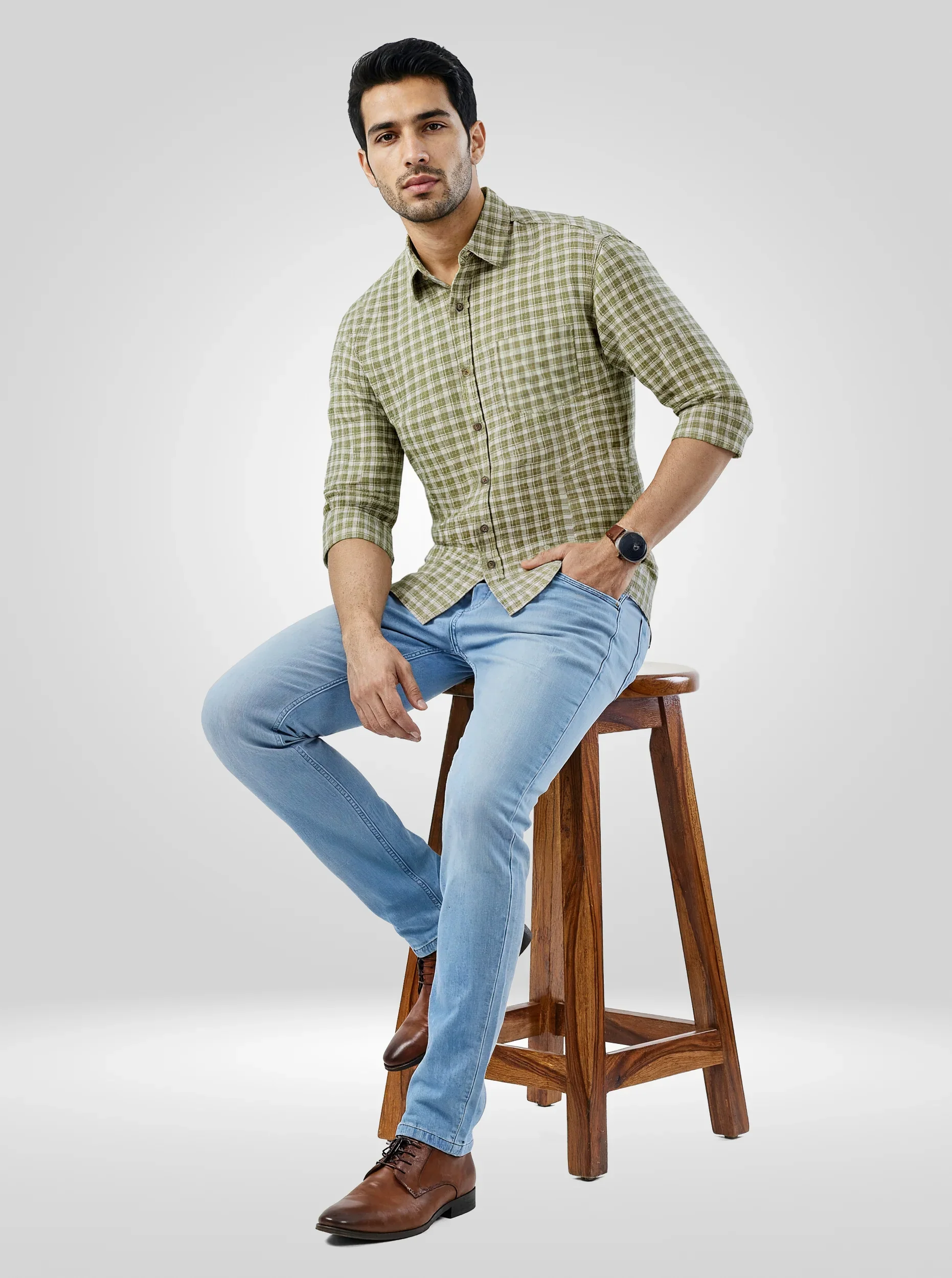 Men Shirt Check Green Regular Fit - Image 2