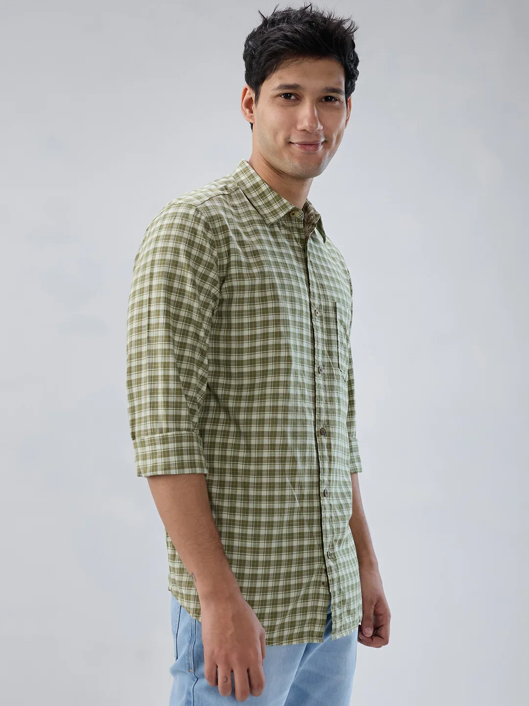 Men Shirt Check Green Regular Fit - Image 3