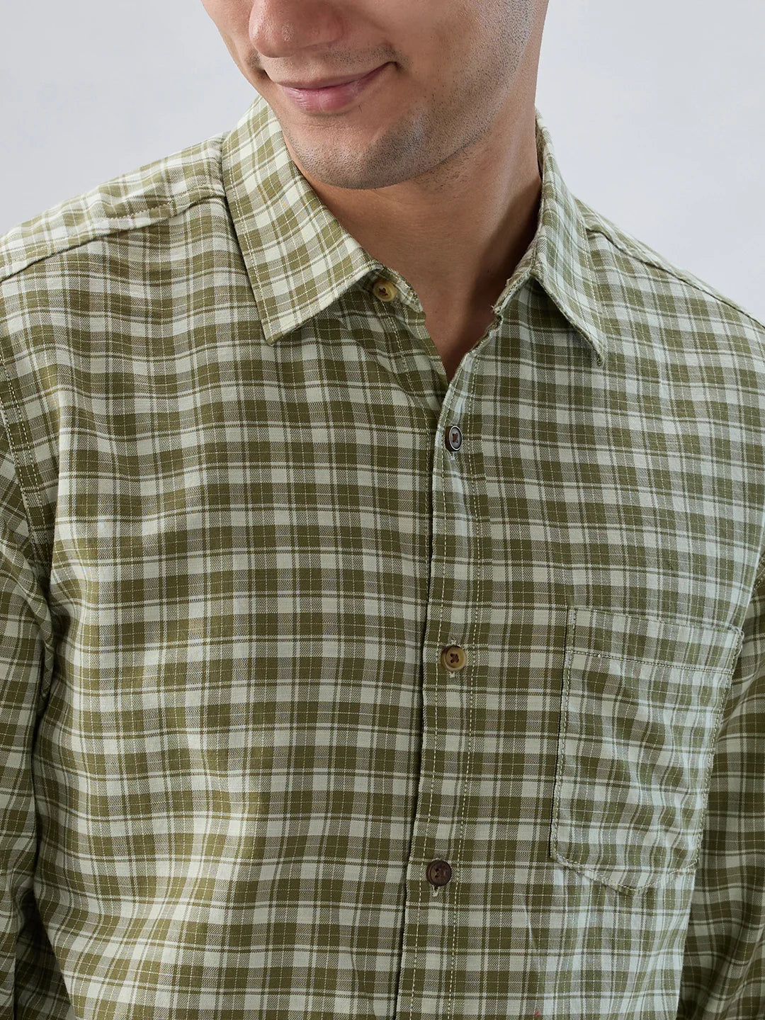 Men Shirt Check Green Regular Fit - Image 4