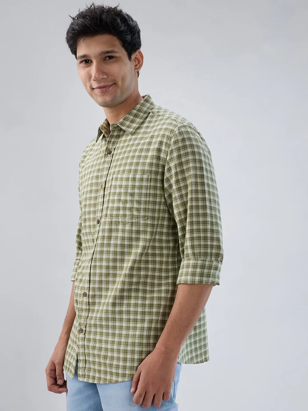 Men Shirt Check Green Regular Fit - Image 5