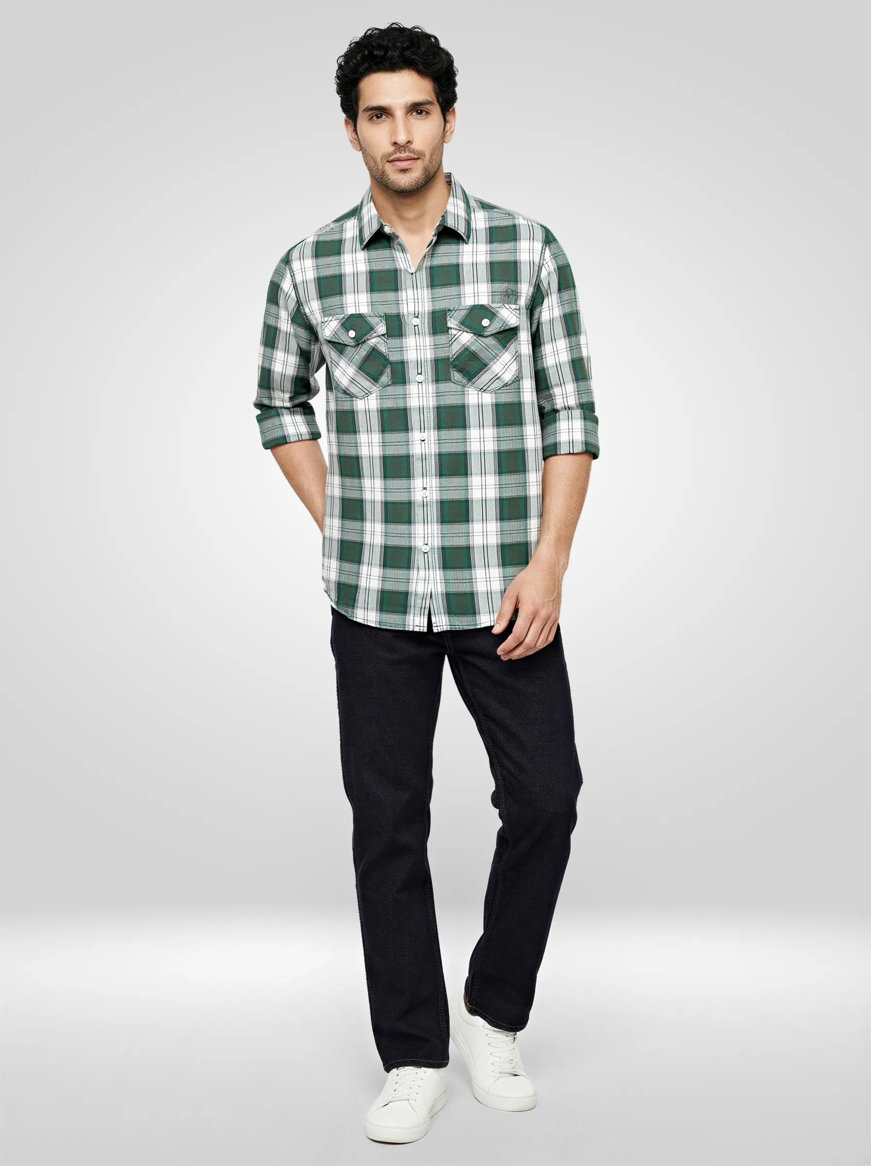 Men Shirt Check Green Regular Fit - Image 2