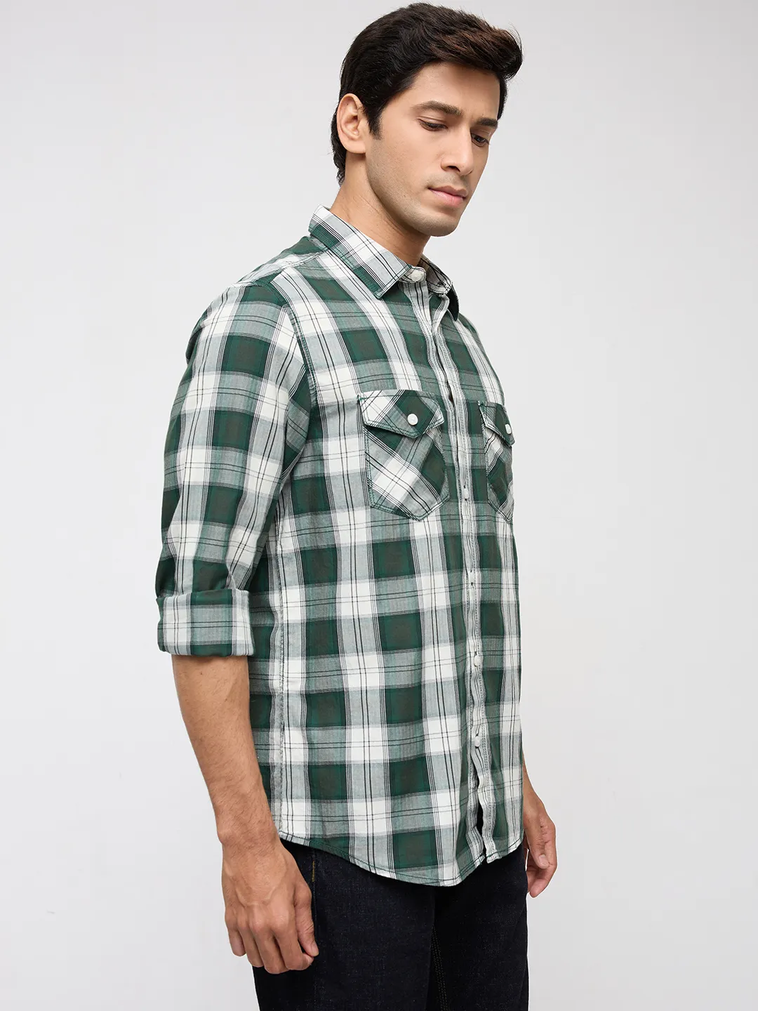 Men Shirt Check Green Regular Fit - Image 3