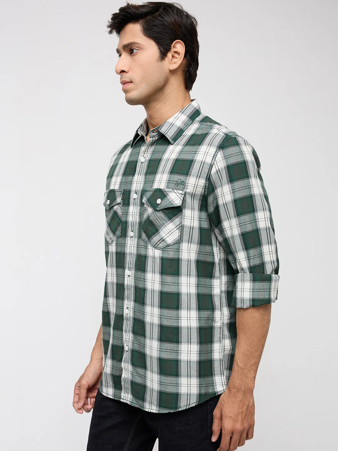 Men Shirt Check Green Regular Fit - Image 4