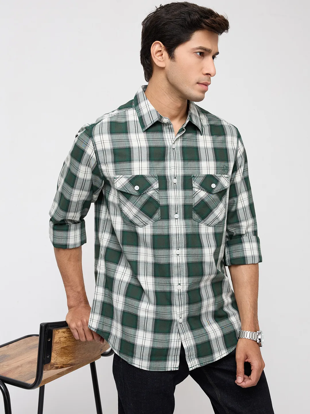 Men Shirt Check Green Regular Fit - Image 6