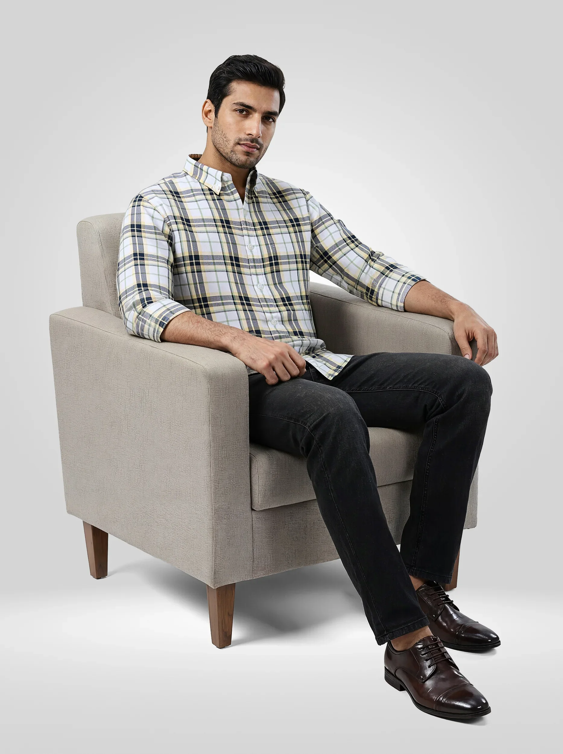Men Shirt Check Yellow Regular Fit - Image 2