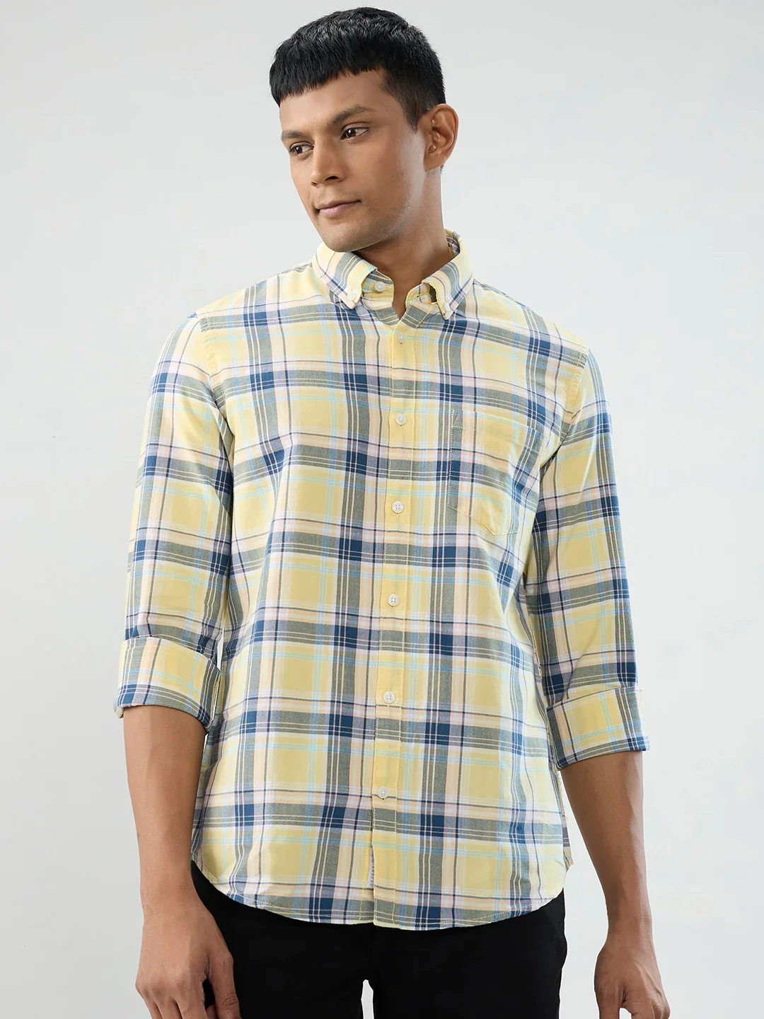 Men Shirt Check Yellow Regular Fit