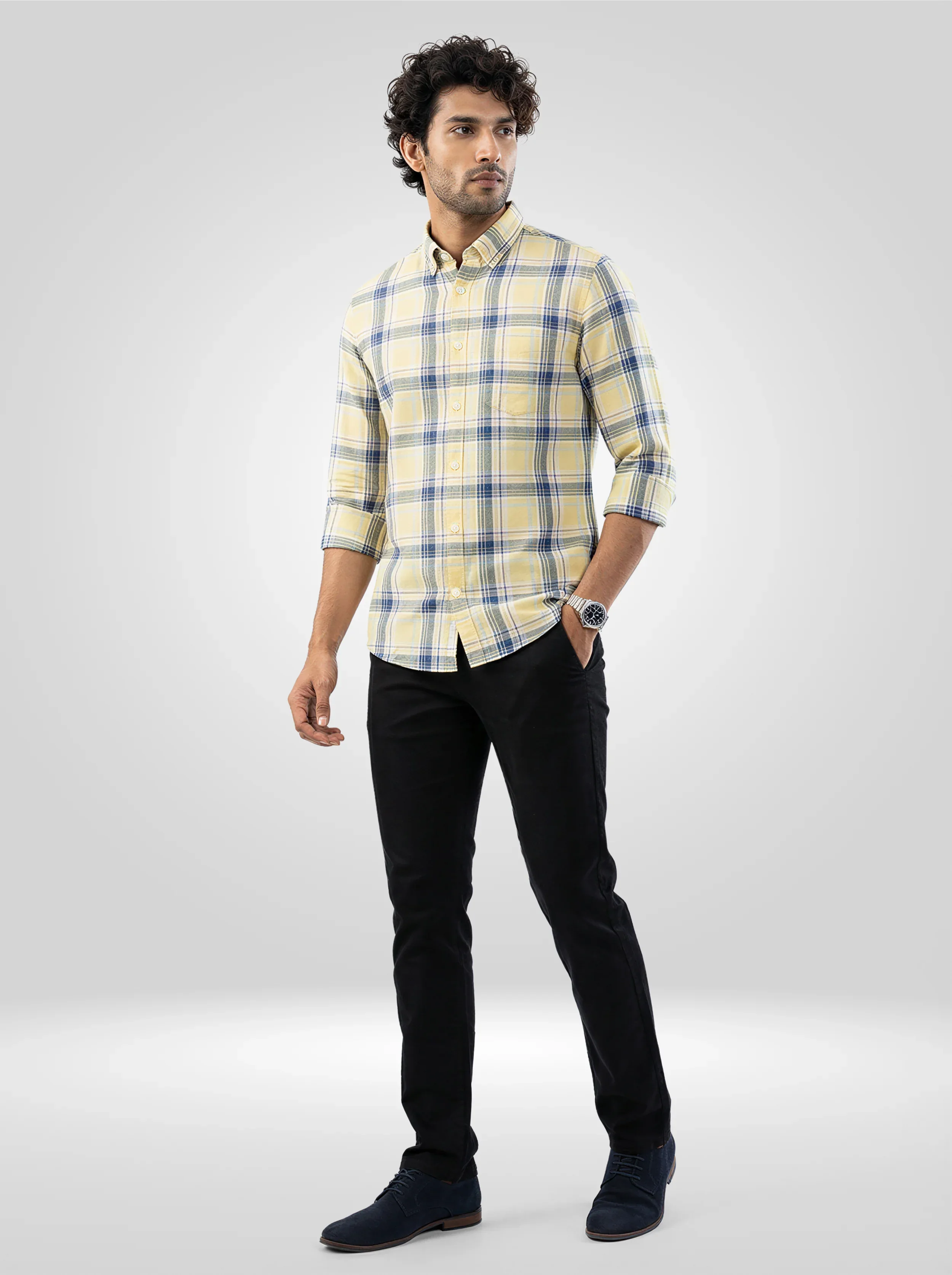 Men Shirt Check Yellow Regular Fit - Image 2