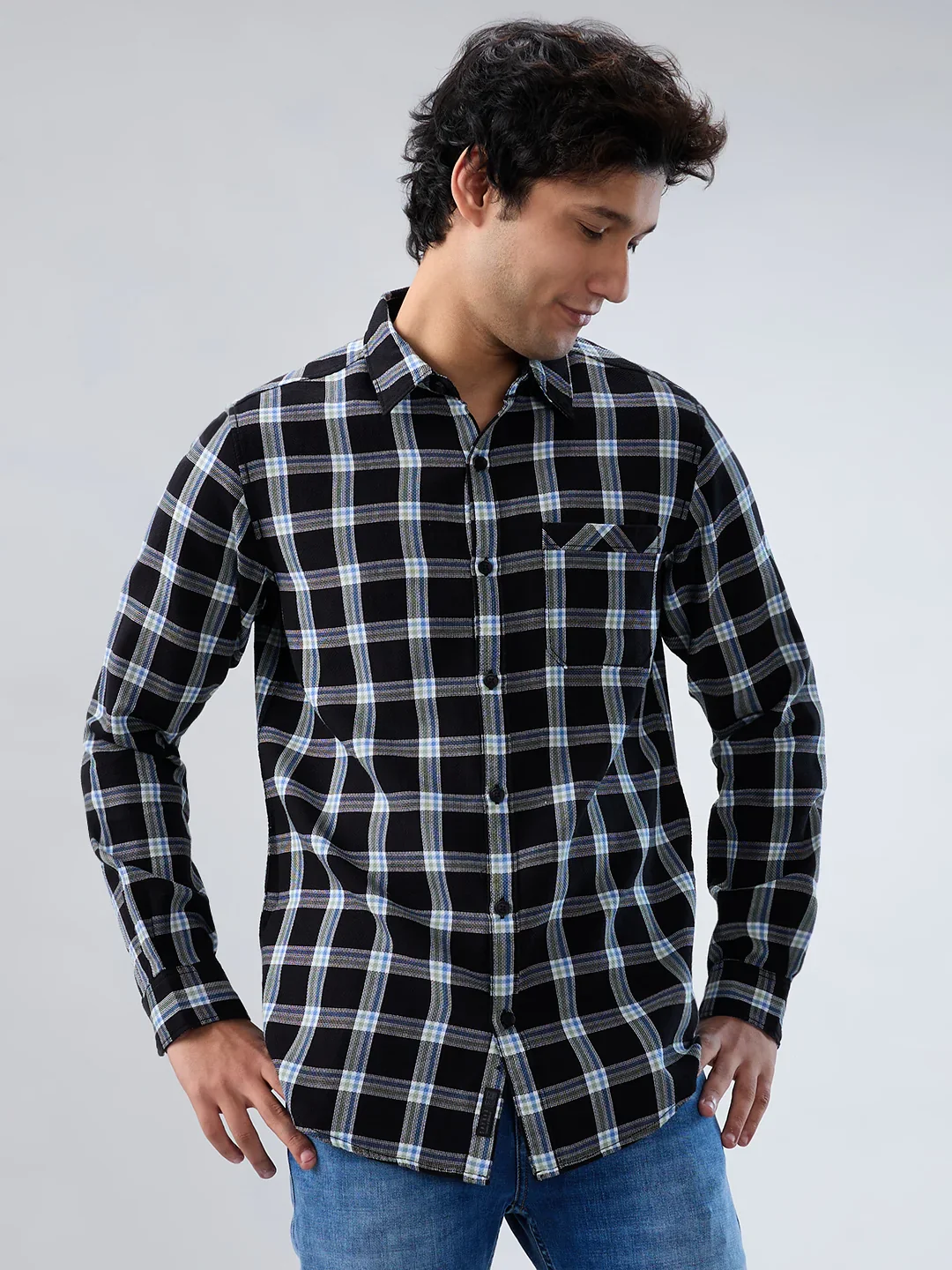 Men Shirt Check Black Regular Fit