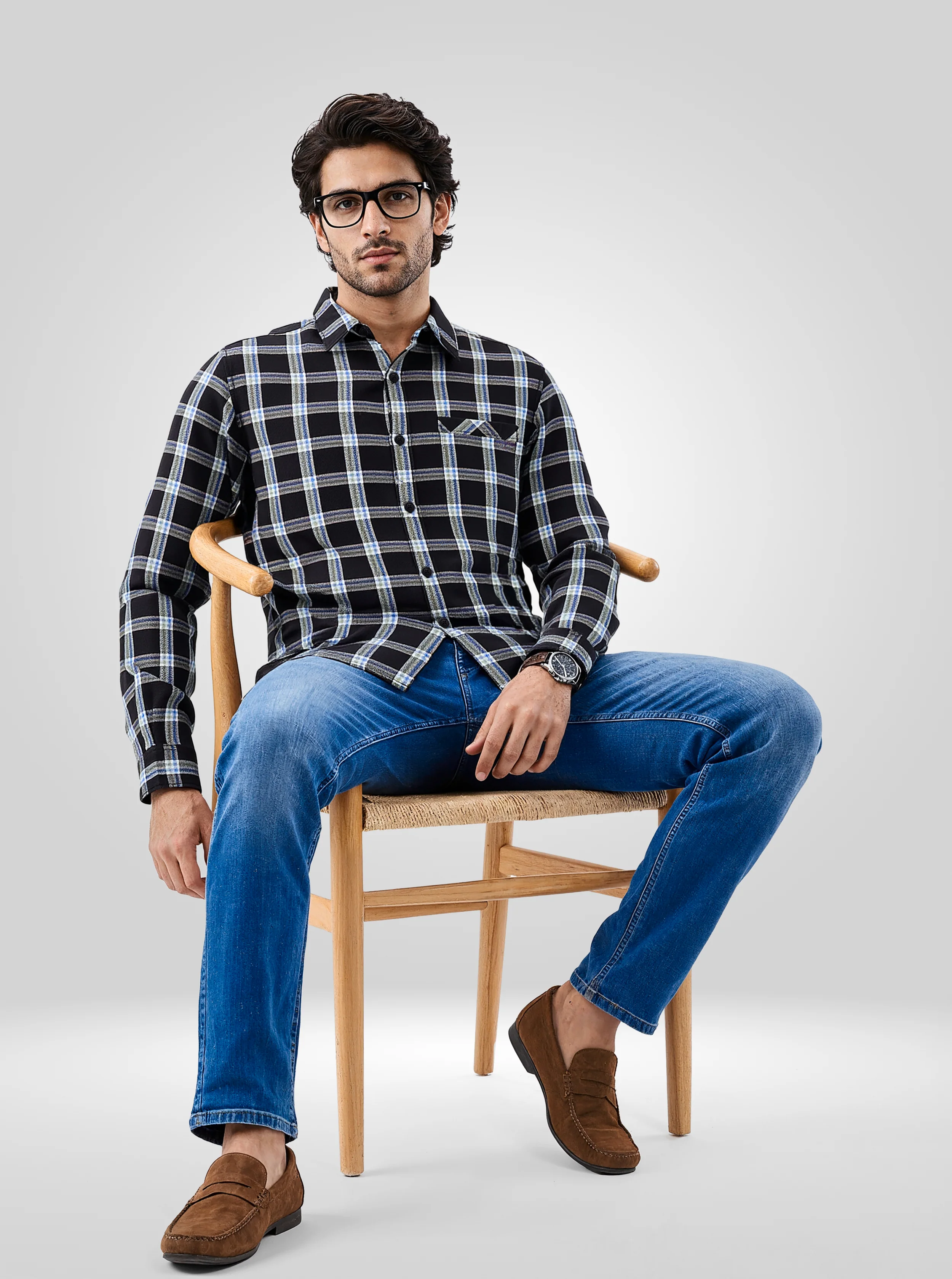 Men Shirt Check Black Regular Fit - Image 2