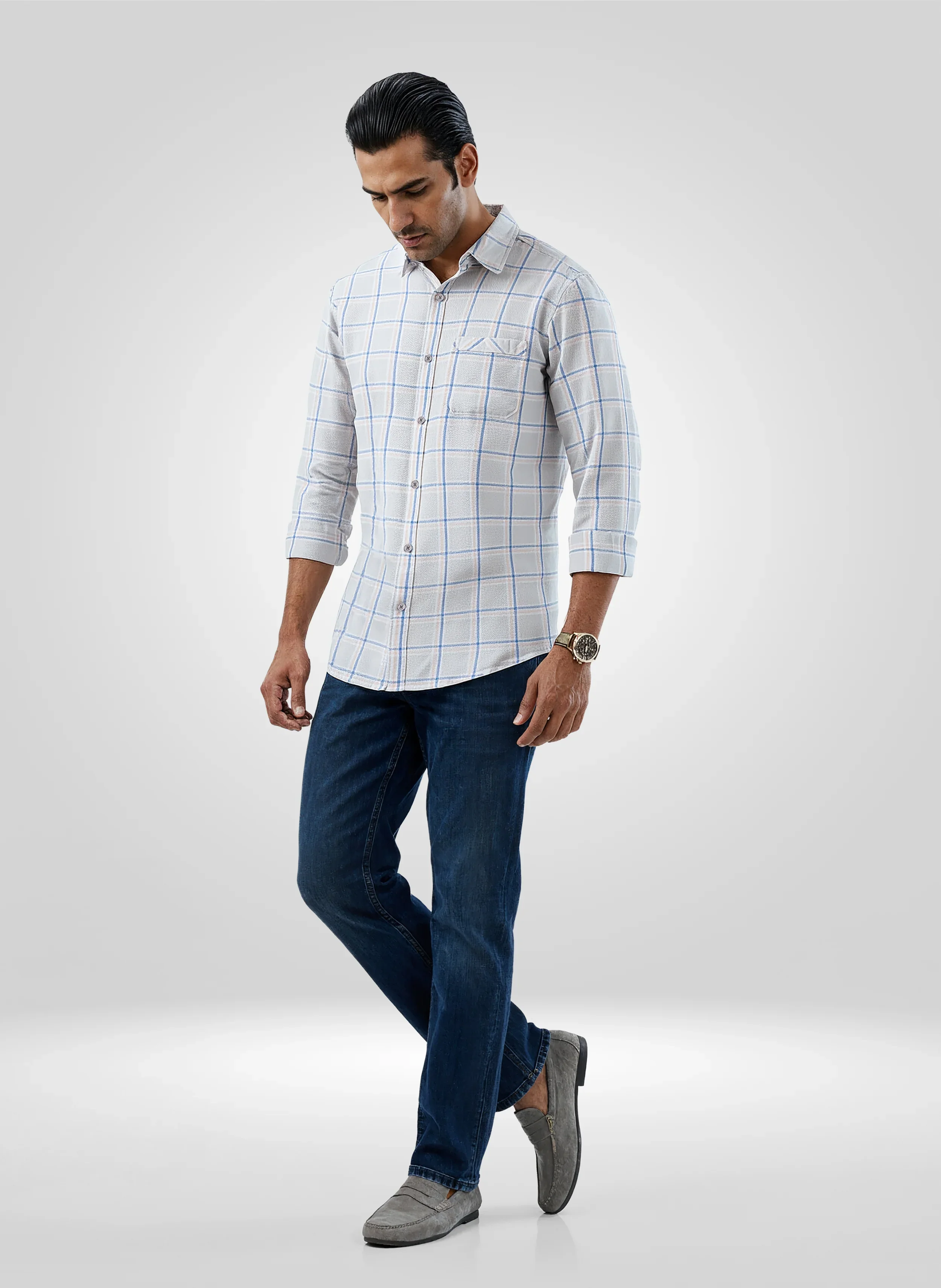 Men Shirt Check Grey Regular Fit - Image 2