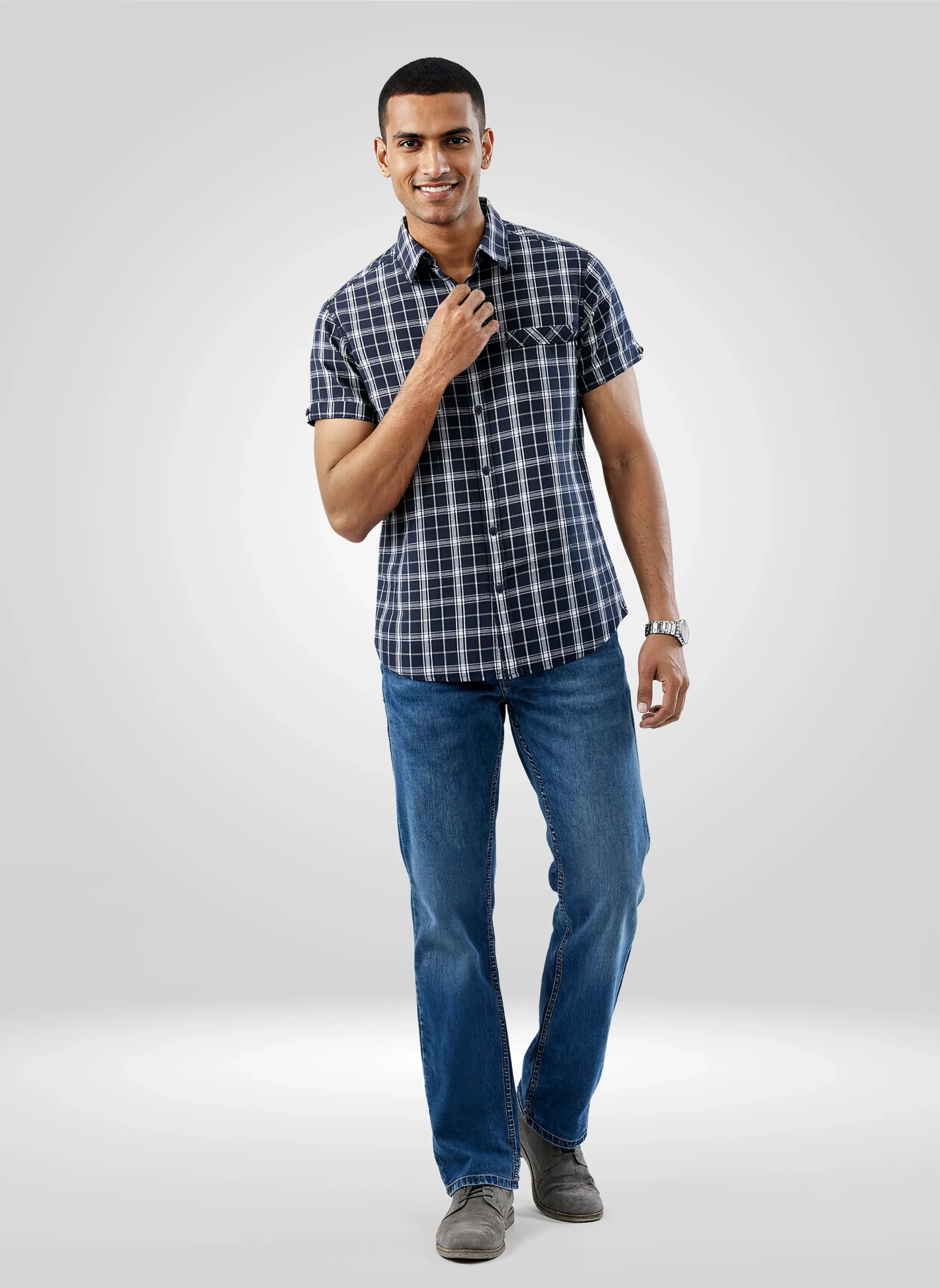 Men Shirt Check Navy Blue Regular Fit - Image 2