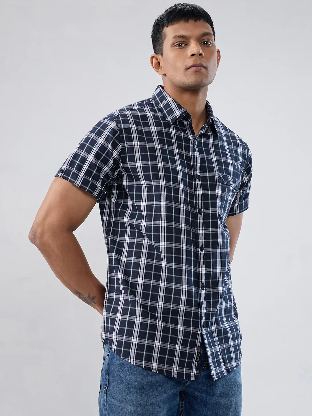 Men Shirt Check Navy Blue Regular Fit - Image 3