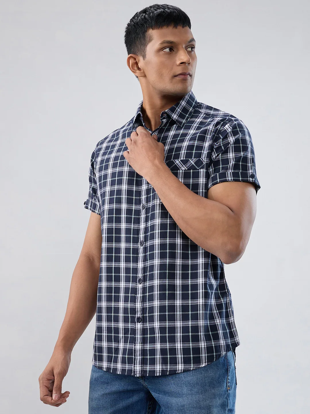 Men Shirt Check Navy Blue Regular Fit - Image 5