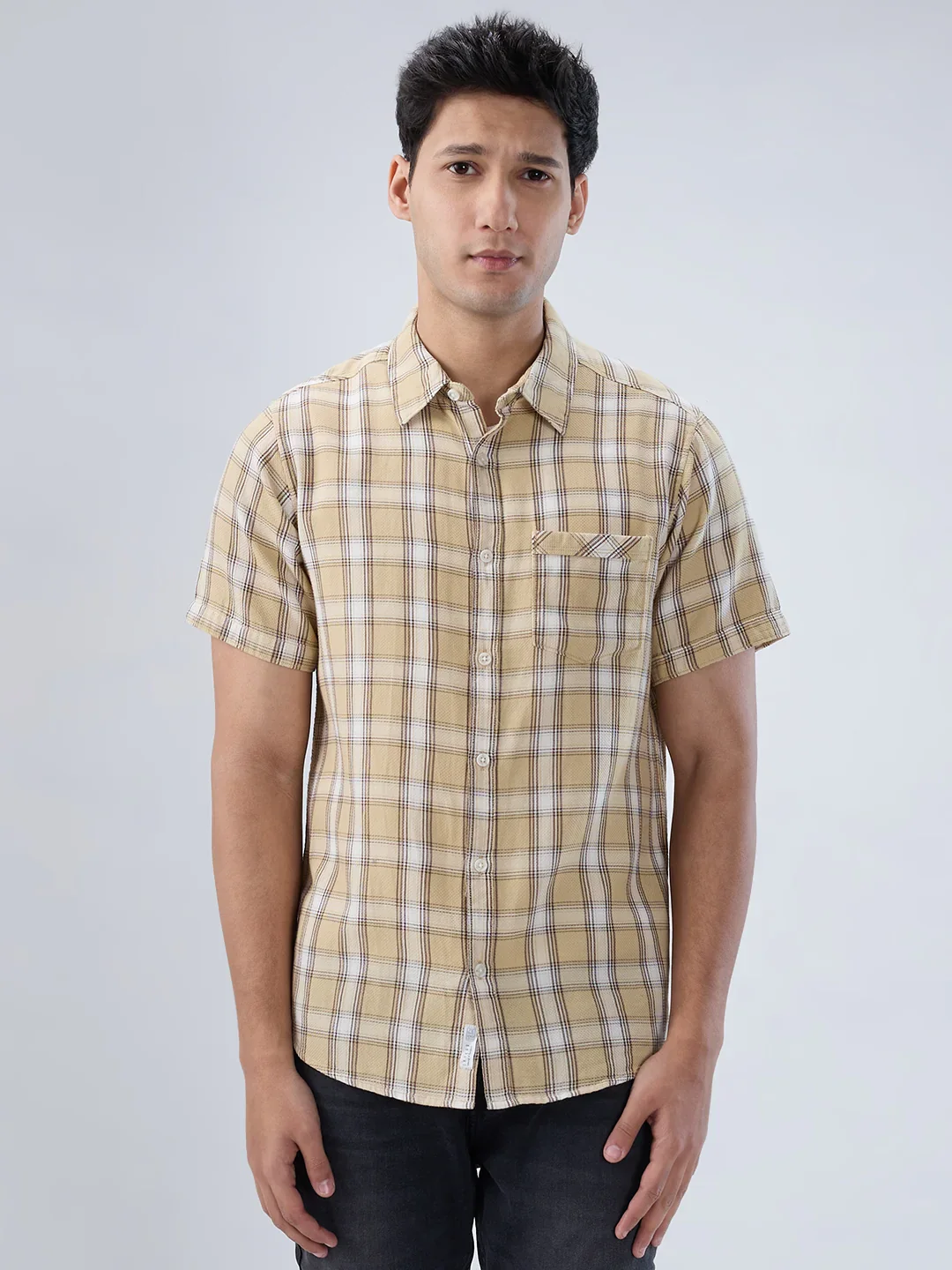 Men Shirt Check Beige Regular Fit