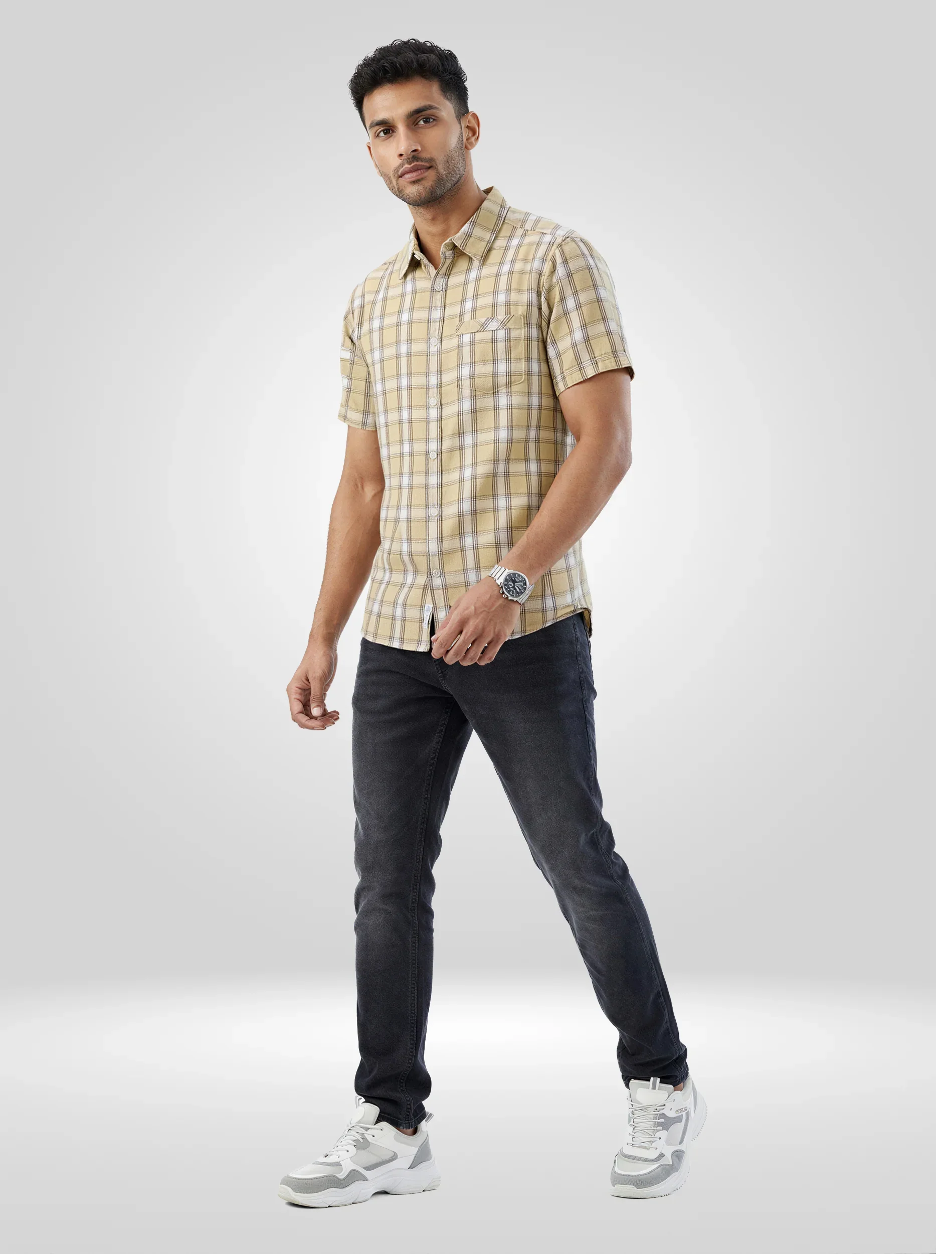 Men Shirt Check Beige Regular Fit - Image 2