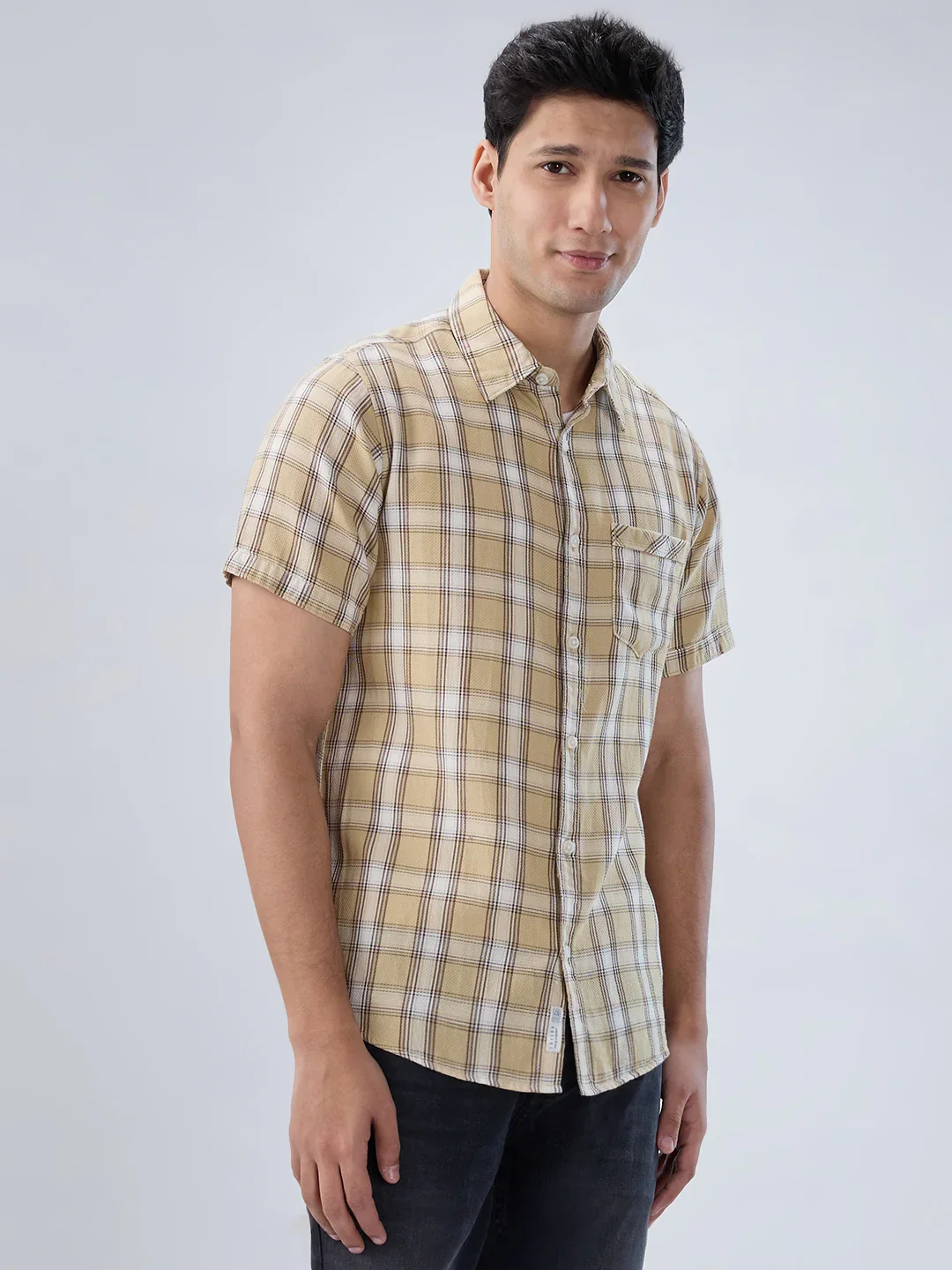 Men Shirt Check Beige Regular Fit - Image 3